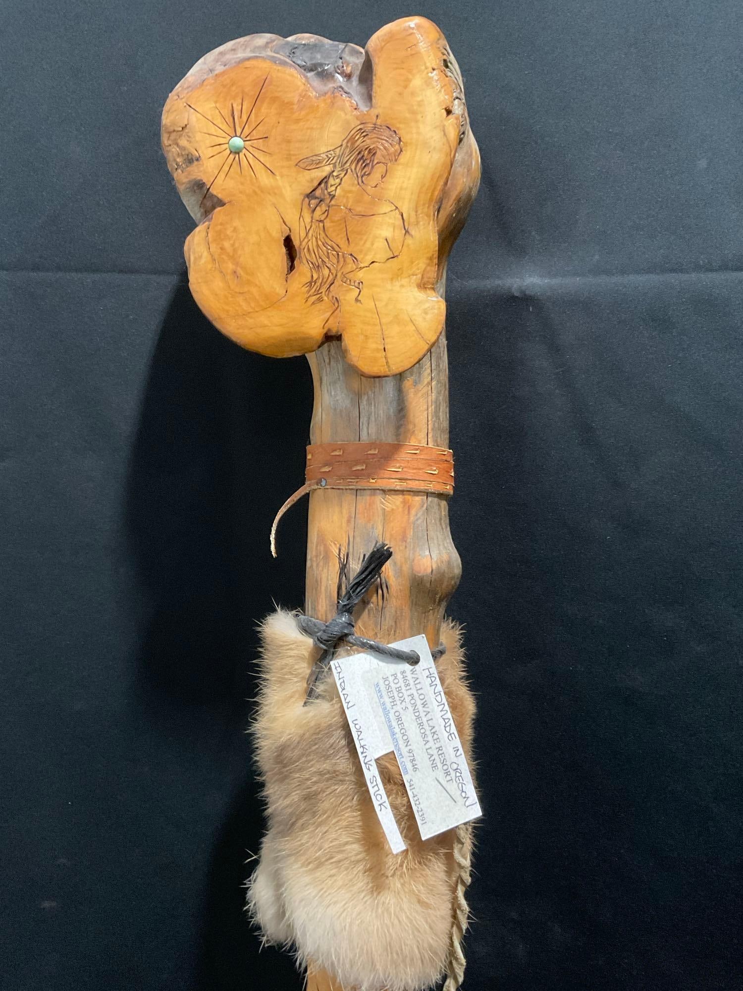 Vintage Native American Walking Stick, Carving, Fur, Beaded Leather, and Feathers (1 of 6)
