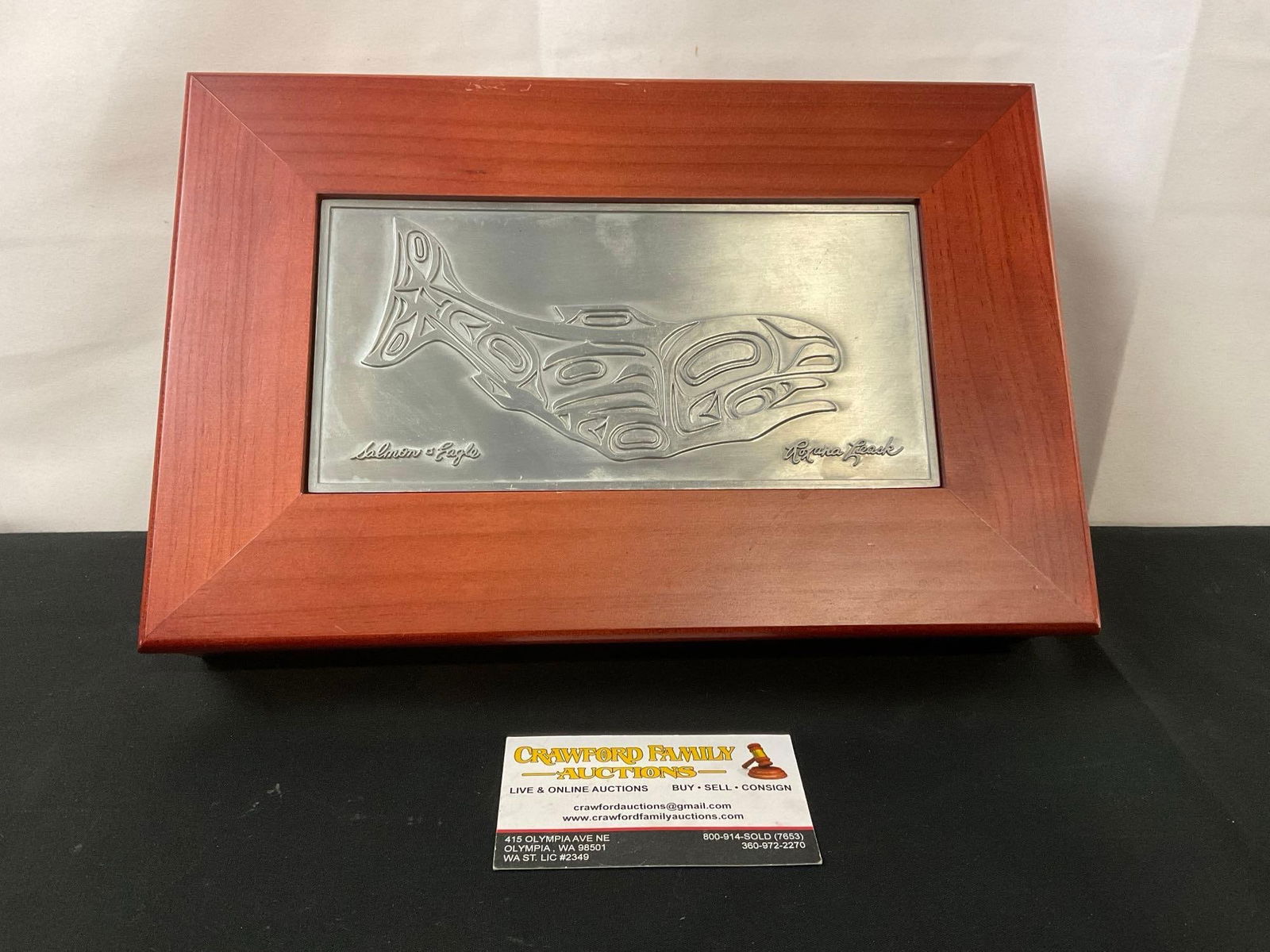 Unique Cigar Humidor/Trinket Box w/ Pewter Salmon & Eagle Inlay by Roxana Leask: The box itself is made in Taiwan. Appears to be in good shape. The box measures approx 2.25h x 11.5w x 7.5d inches. See pics. E-2698