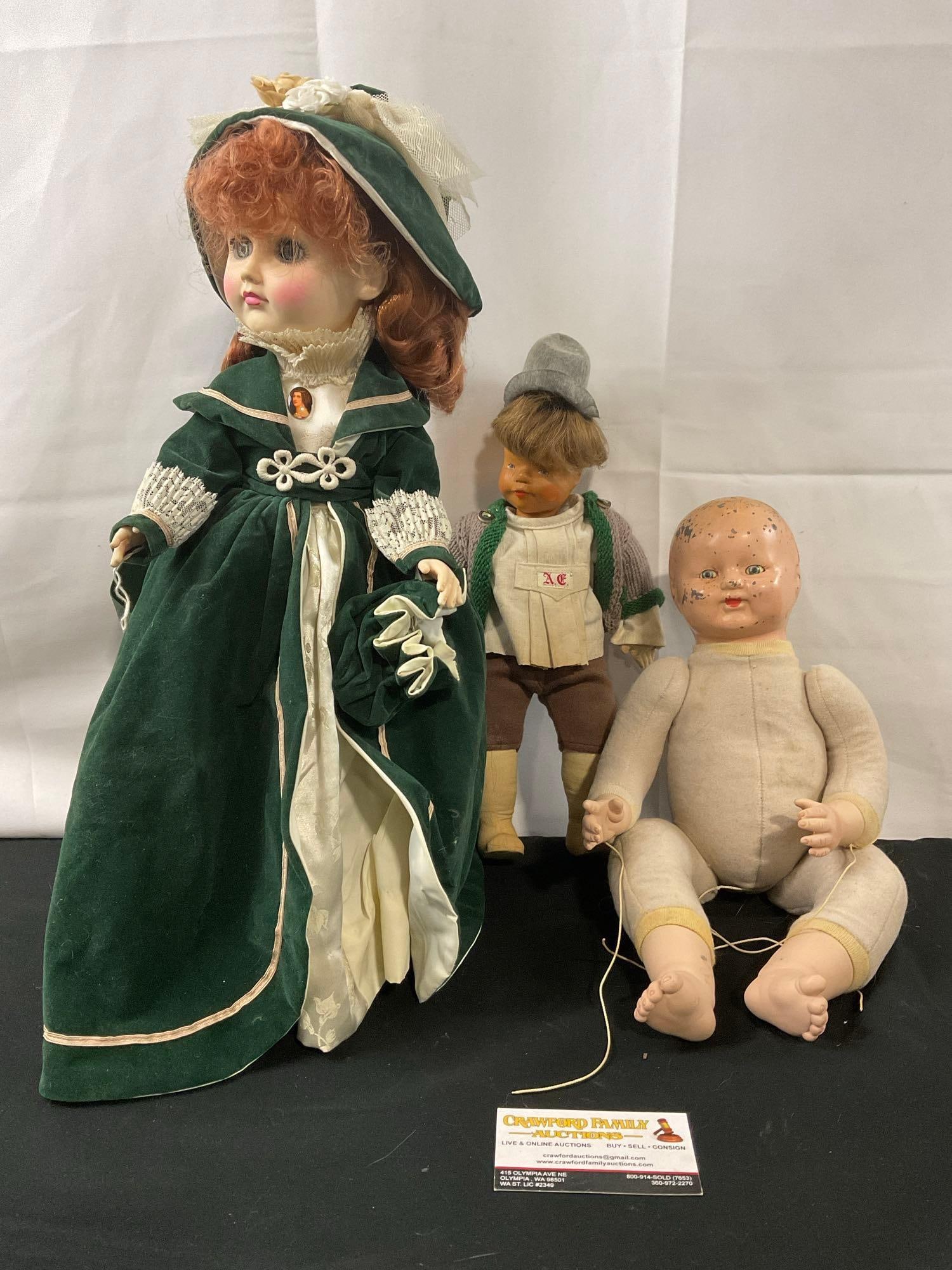 3x Vintage Dolls, Effanbee Age of Elegance 18 inch, German Traditional Clothing & Cast Metal & Cl...: Baby. The largest piece is 18 inches tall. The other two have some wear on them. See pics. E-2676