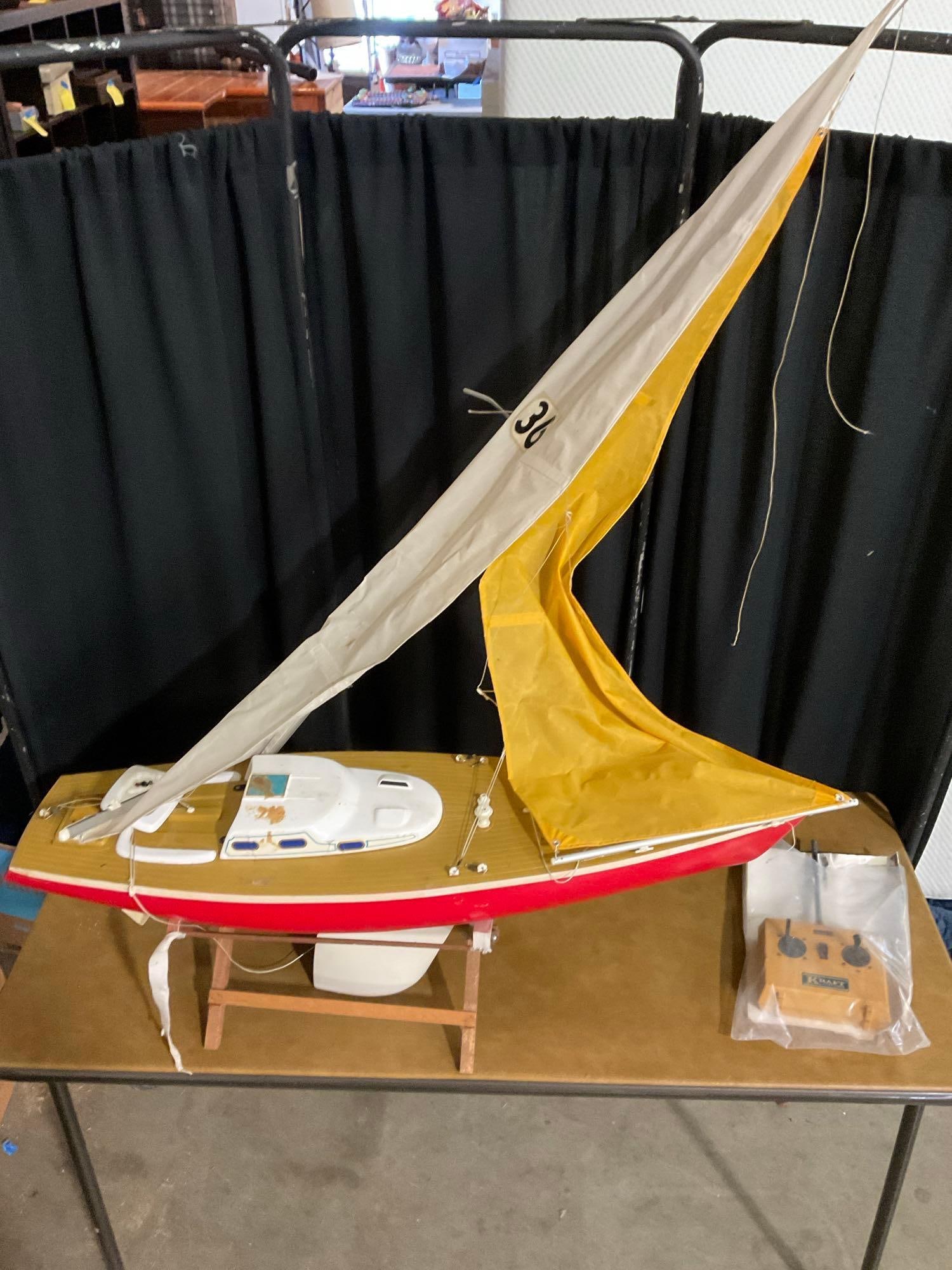 Vintage Remote Control Sailboat- 3' Long w/ 2 Sails & Kraft Sport Series Control (1 of 6)