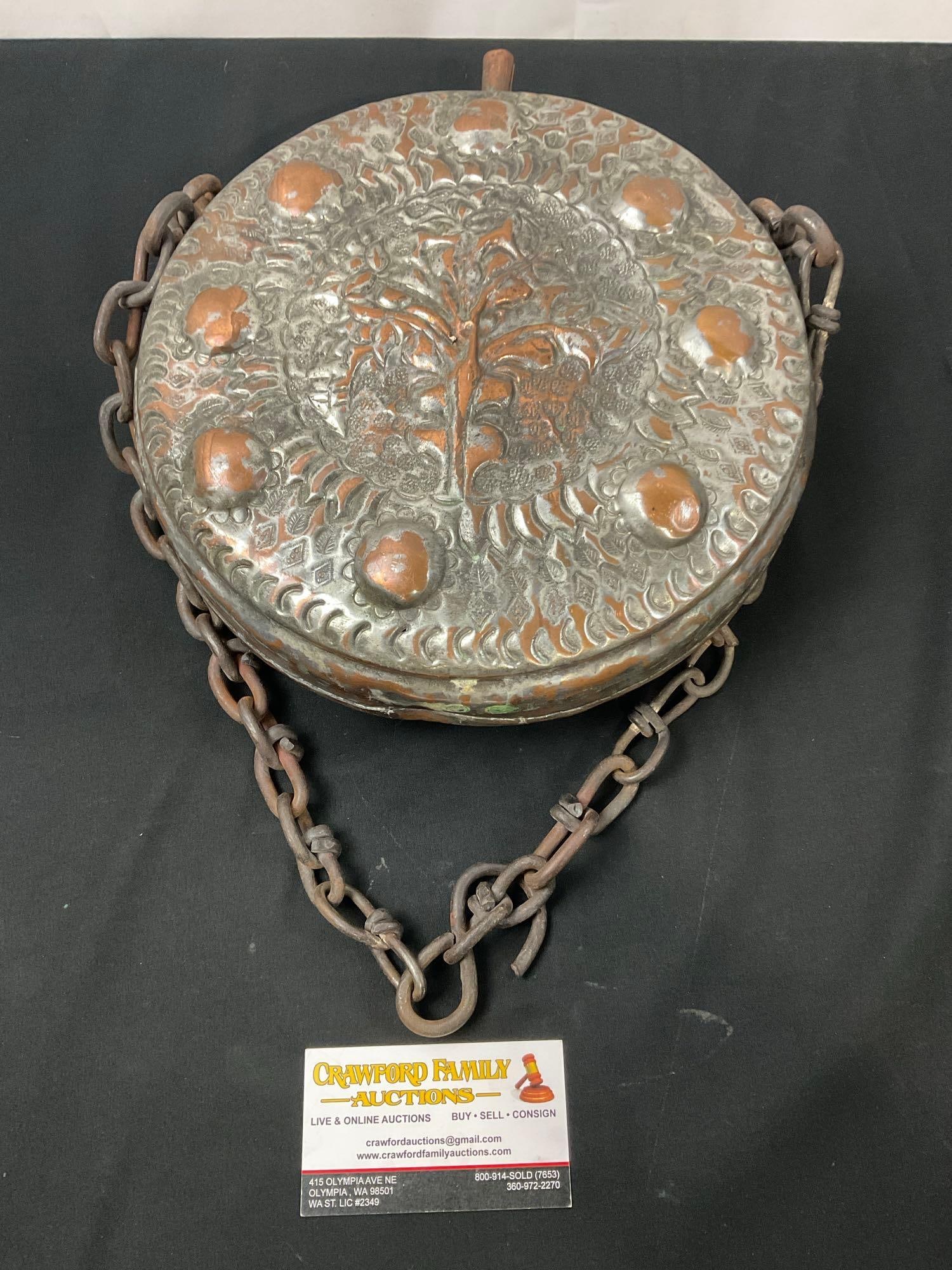 Antique decorative Tinned Copper Vessel / middle eastern Camel canteen with flower design front (1 of 4)
