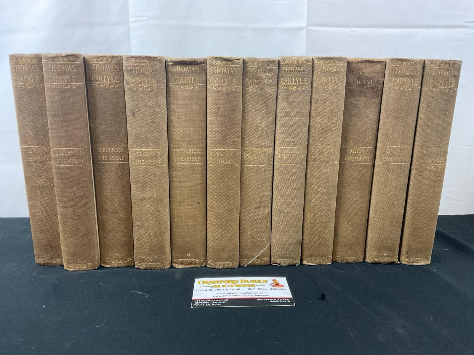 1901 12 of Complete Works of Thomas Carlyle incl. Frederick the Great 1, 3-5, Oliver Cromwell 1-3: Appears to be in fair condition, the covers have wear and some water damage from over the years. See pics. E-2682