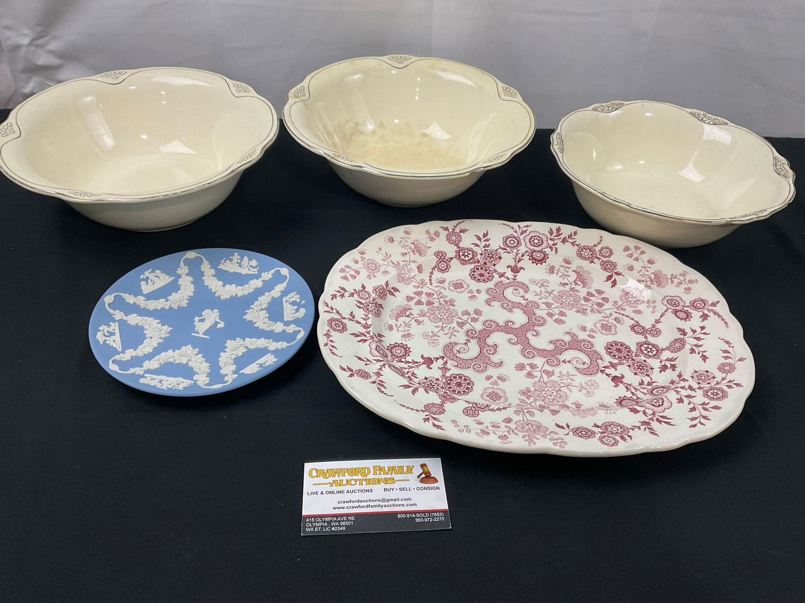 Trio of Homer Laughlin Bowls, Wedgwood Blue Bisque Porcelain Dish, WR&C Flosculous Red Platter (1 of 7)
