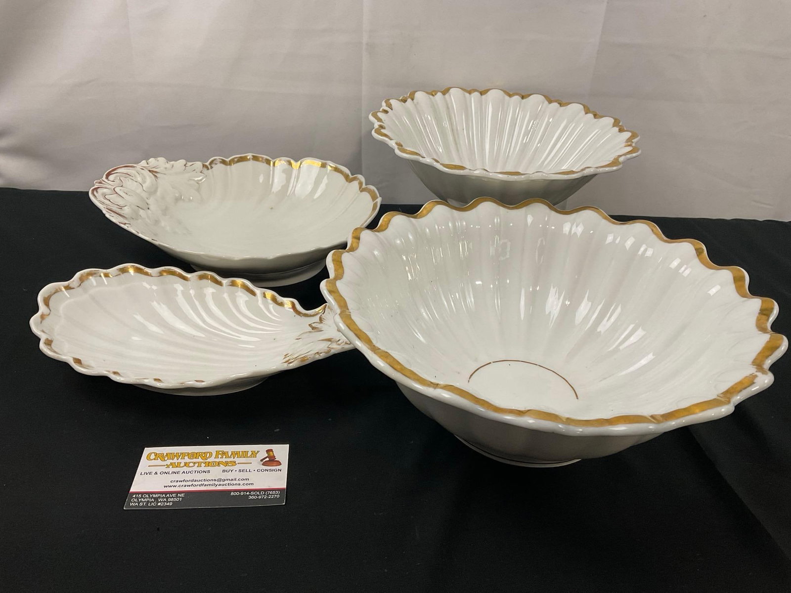4 Unmarked Pieces of Antique Limoges (?) Porcelain China, Gold Rimmed w/ Seashell Ridges: Possibly Limoges porcelain, the pieces are unmarked, though they match the style. Appears to be in good shape. The footed bowl measures approx 5h x 10d inches. See pics. E-2671