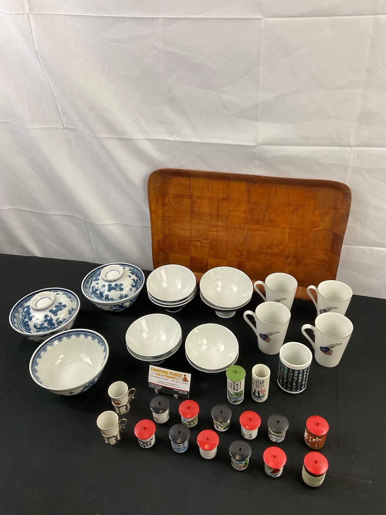 35 pcs Japanese Ceramic Dishware Assortment, 13 Plastic Cup Lids & Checkerboard Wood Tray. See pi... (1 of 10)