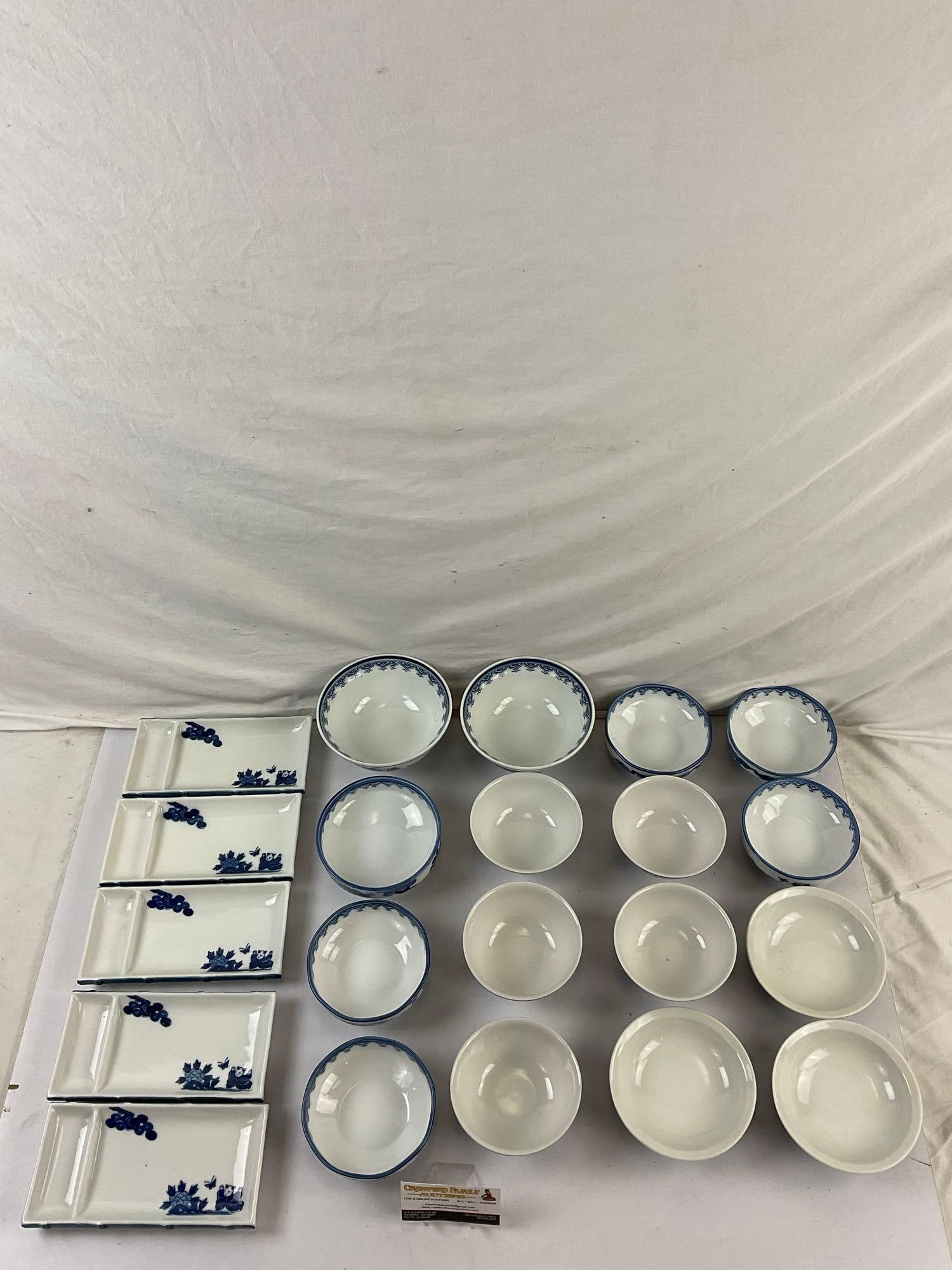 21 pcs Vintage Blue & White Japanese Ceramic Dish Assortment w/ Children Design. See pics. (1 of 9)