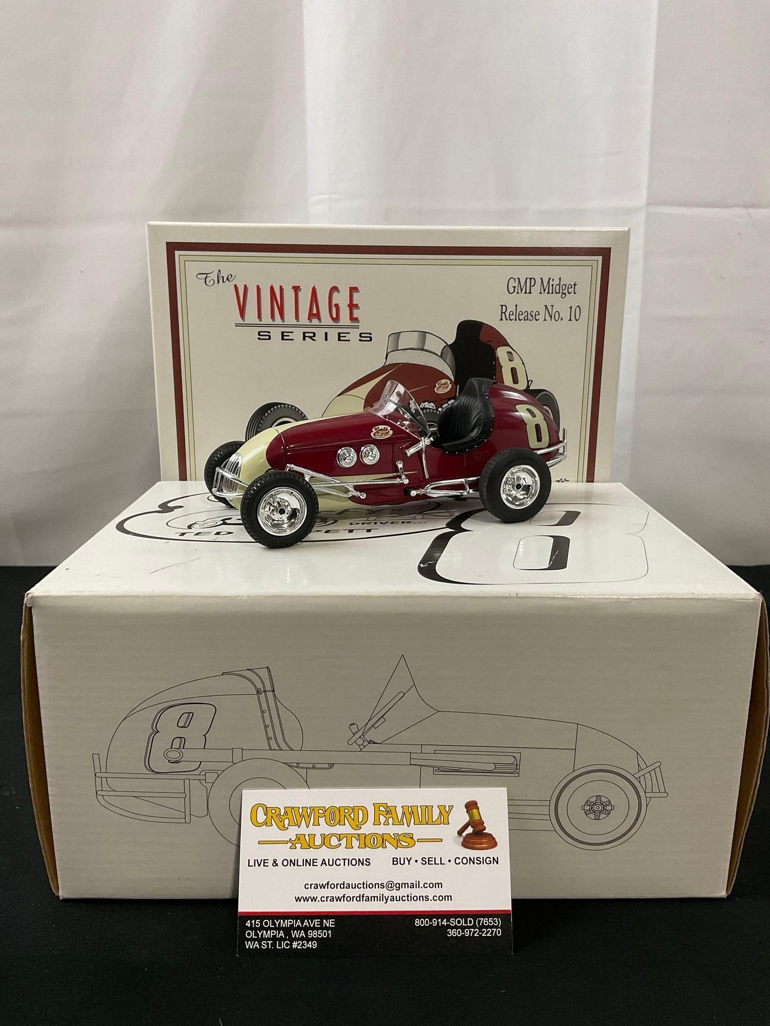 1:18 Scale Ted Tappett Curtis Offy Midget racing car model no. 7650 sn:0917: Appears to be in good shape. Comes in the original packaging. Model itself measures approx 6.5 inches long. See pics. E-2706