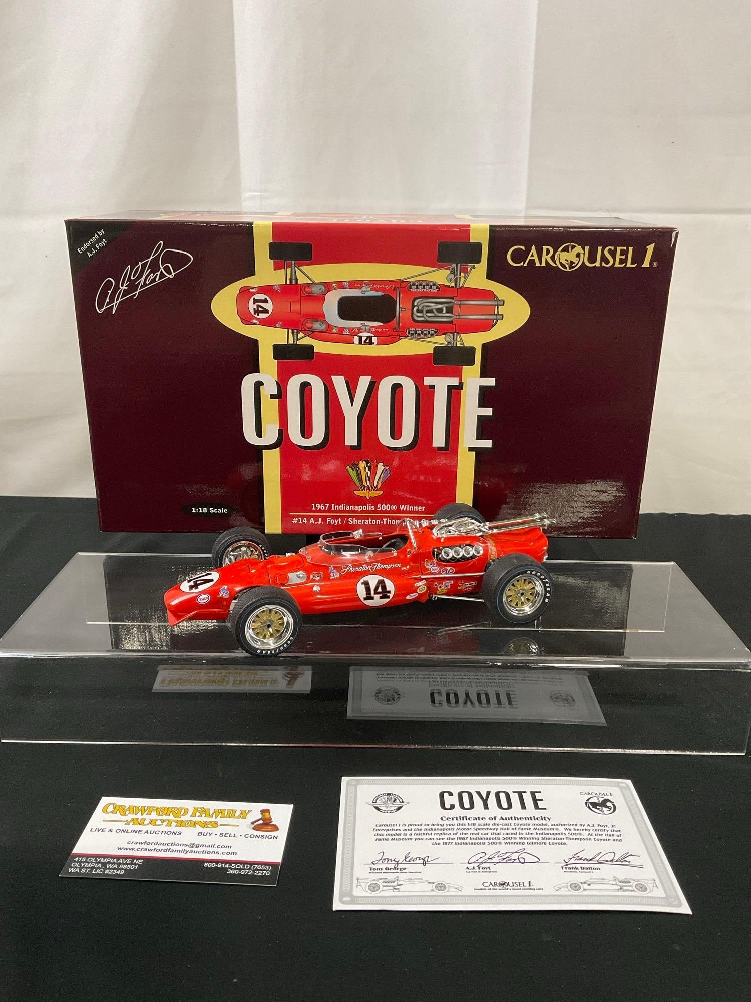 1:18 Scale Carousel Coyote 1967 Indy 500 Winner #14 A.J. Foyt/Sheraton-Thompson Coyote #4901: Appears to be in good shape. Comes in the original packaging. Model itself measures approx 9 inches long. See pics. E-2706