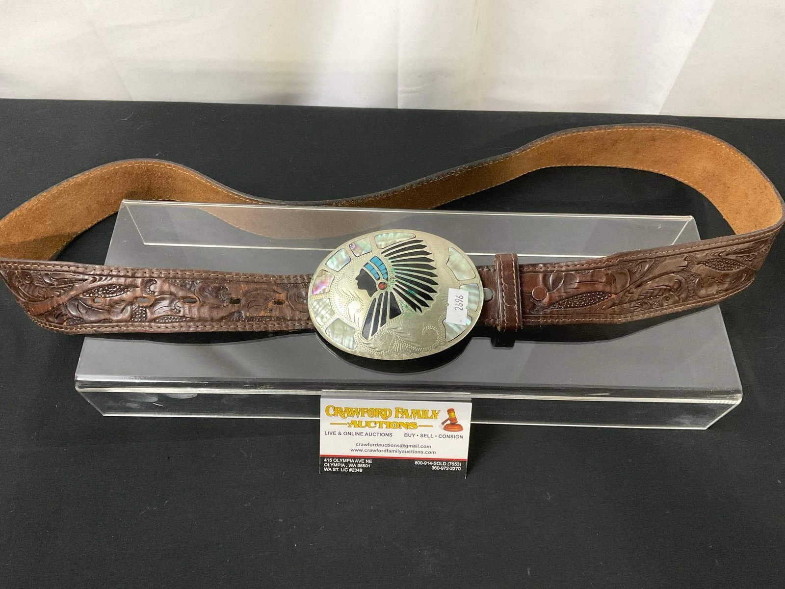 Native American Carved Leather Belt w/ Inlaid Mother of Pearl, Turquoise, Metal Buckle: Appears to be in good shape, some oxidation. The belt buckle itself measures about 3.25h x 4.25w inches. See pics. E-2696
