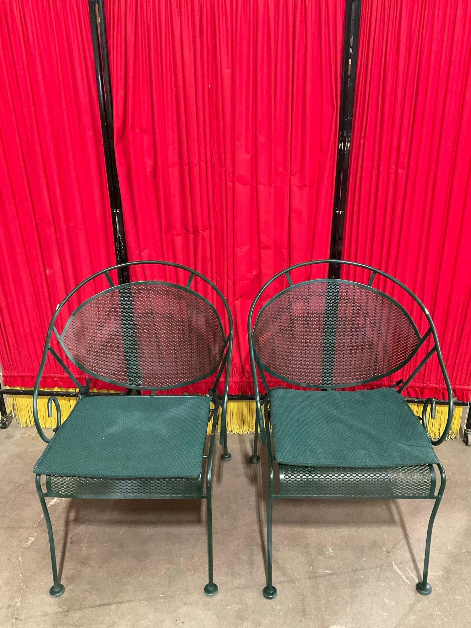 Pair of Vintage Emerald Green Painted Steel Scoop Back Patio Chairs w/ Seat Cushions. See pics. (1 of 9)