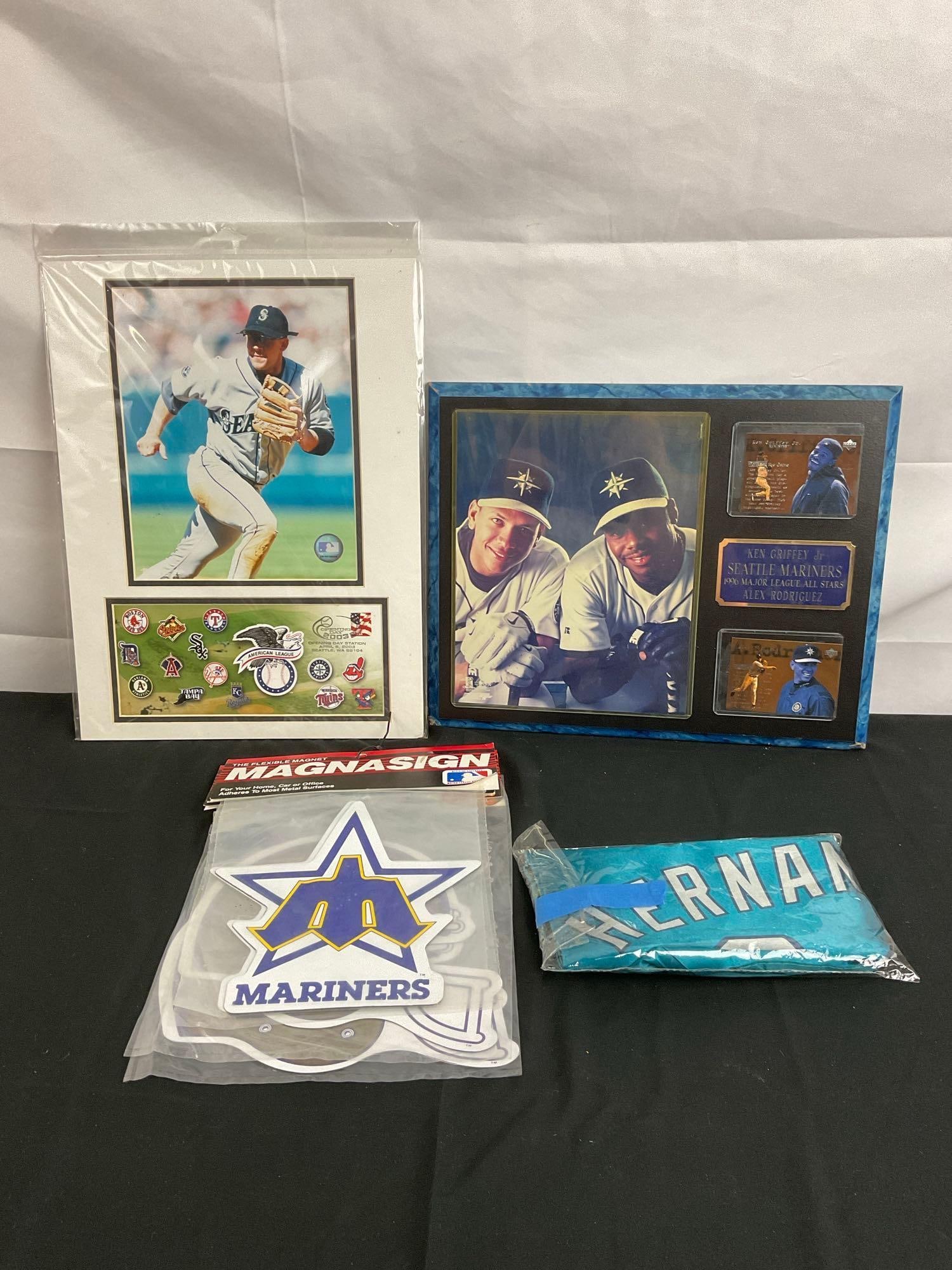 Ken Griffey Jr. & Alex Rodriguez 96' All Stars Plaque w/ Cards - 2003 Opening Day Photo: Lot also includes Magnasign Magnetic sports team logos Mariners & University of WA magnets. Everything in good condition. See pics. T-2694
