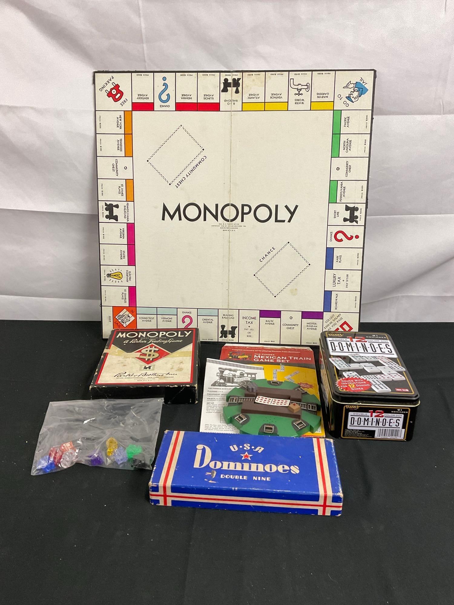 Vintage Monopoly Game w/ 2 Sets Of Dominoes & Additional Mexican train game set: In fair to good condition. See pics. T-2698