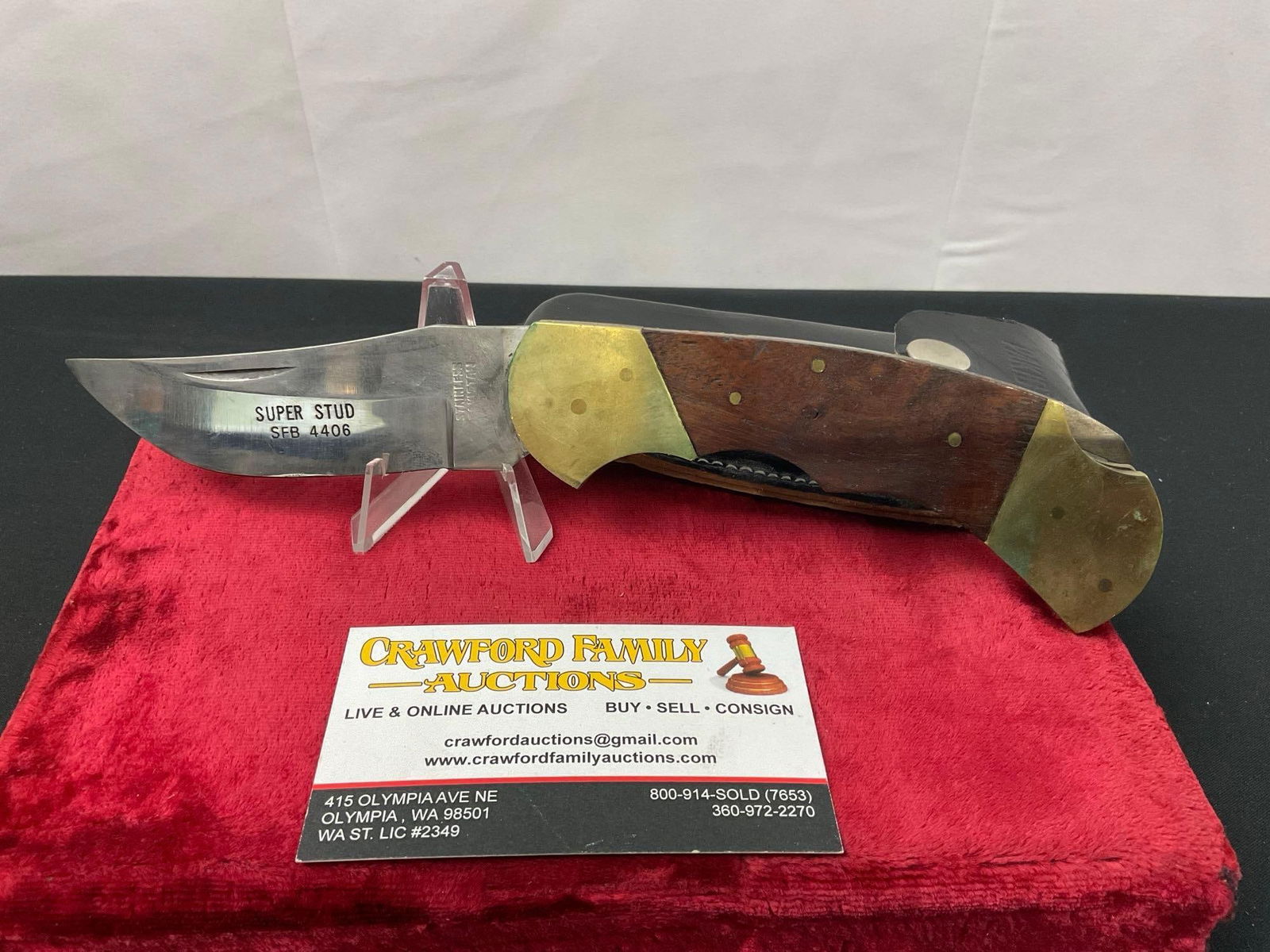 Large Brass Steel & Wood Folding Knife, Pakistani Buck style Super Stud SFB 4406, 3.75 in blade (1 of 4)