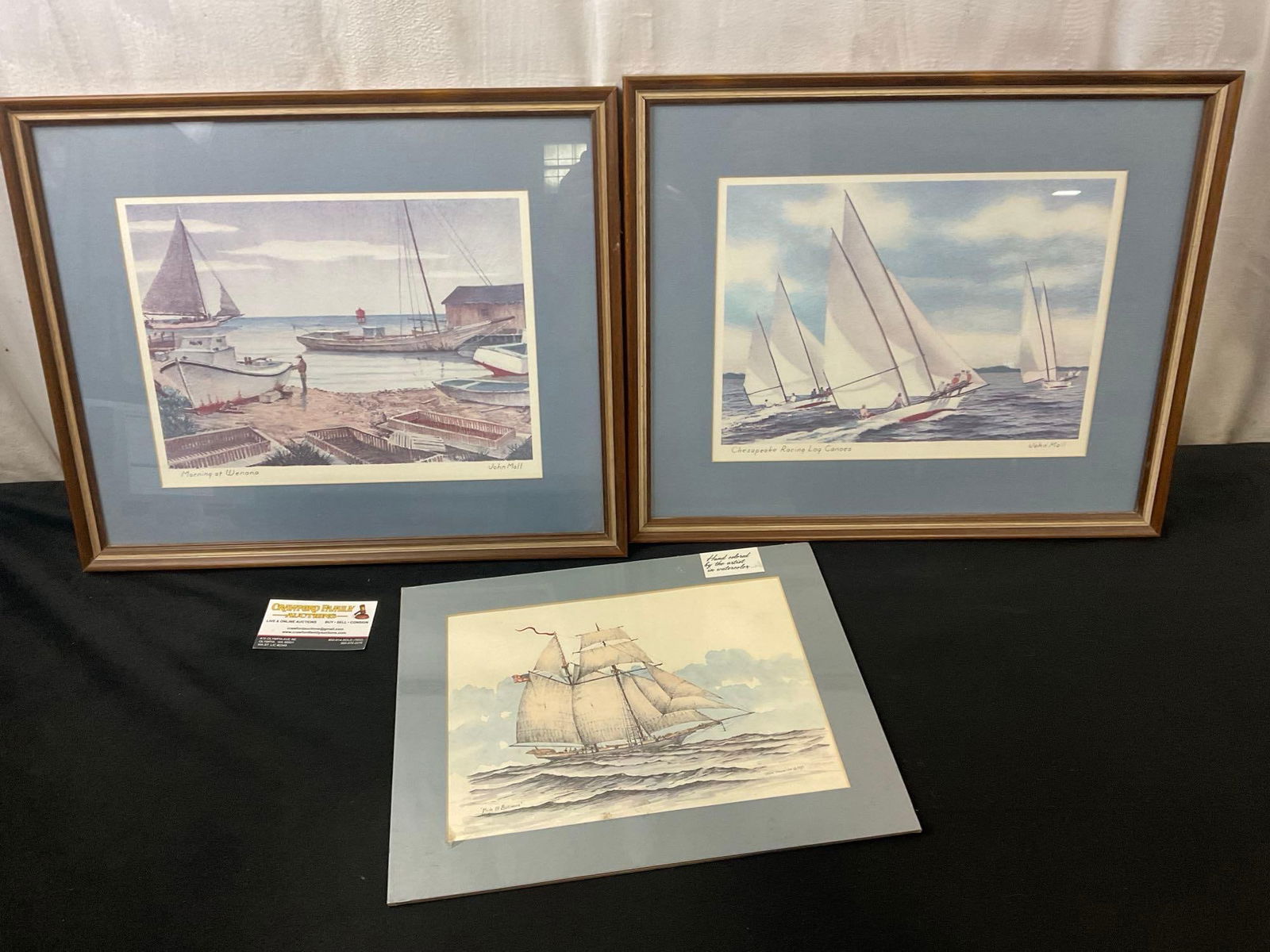 Trio of prints with Ships, 2x framed John Moll pieces, and one John Whealton: Appears to be in good shape. The outside dimensions measure about 15h x 18.5w inches. See pics. E-2624