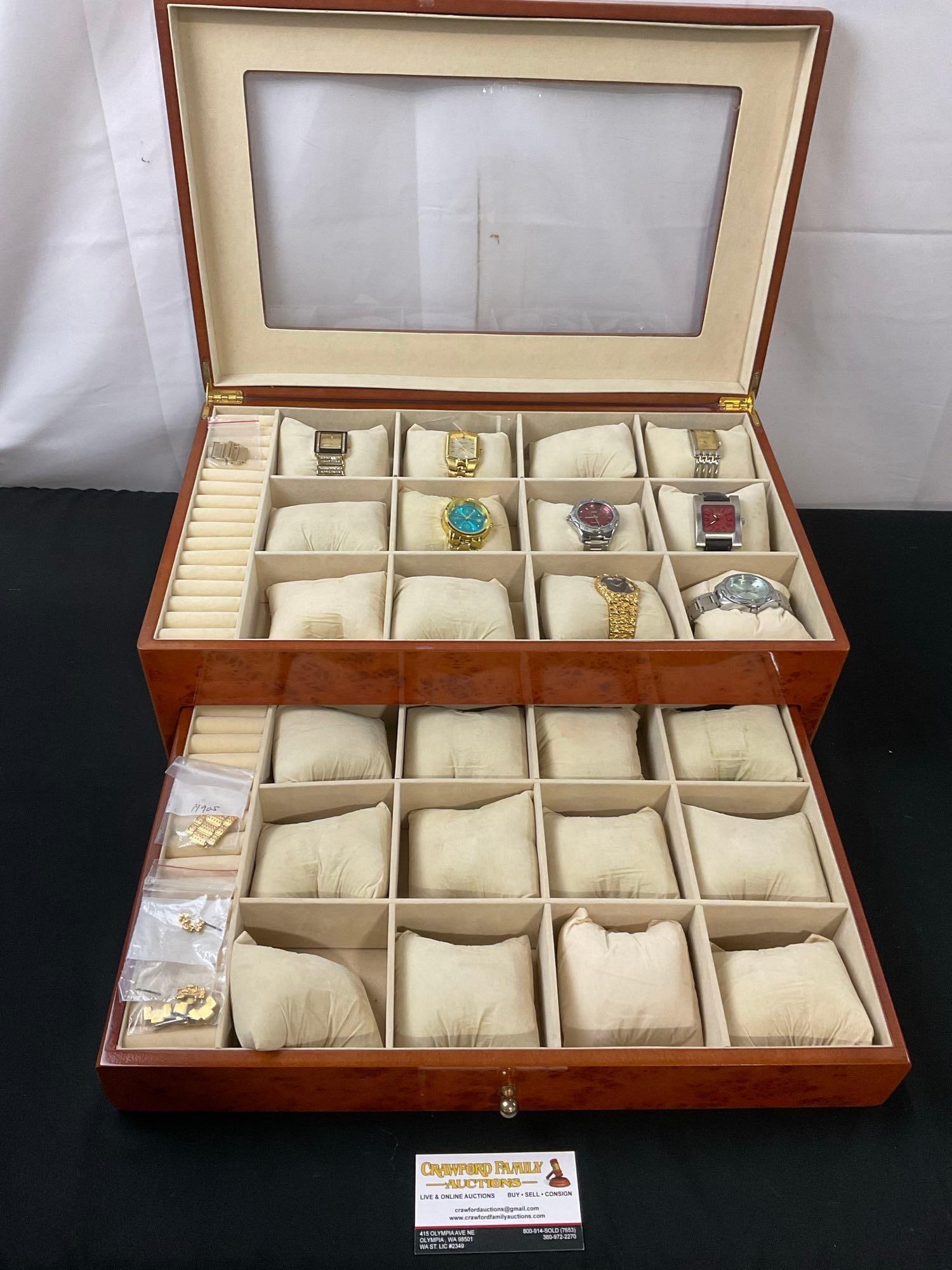 8 Fashion Watches in 24 Slot Watch & Ring Box, Burl Wood pattern w/ drawer & glass window on top (1 of 8)