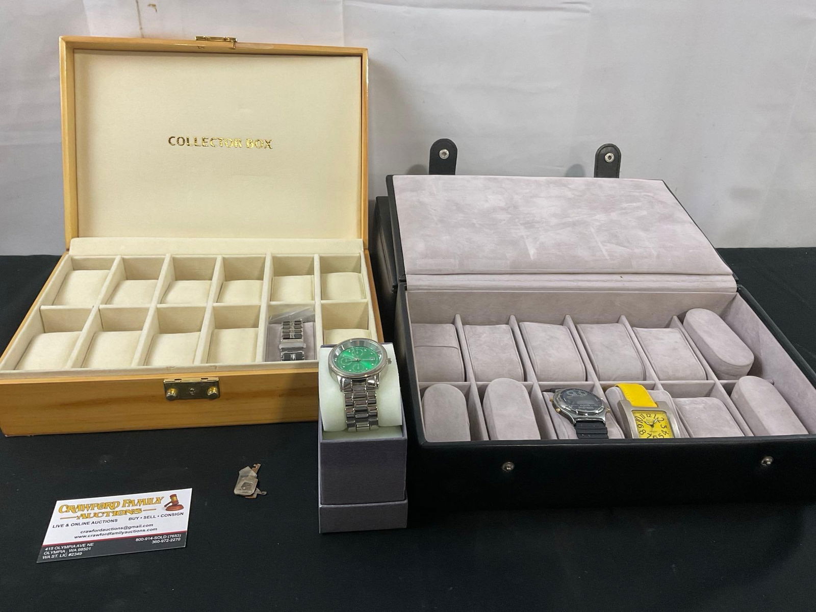 Trio of 12 Slot Watch Boxes, w/ 3 Fashion Watches by Activa & Strada, & 1x Croton Bracelet: Appears to be in good shape. The cases measure about 3h x 11.75w x 5d inches. E-2646