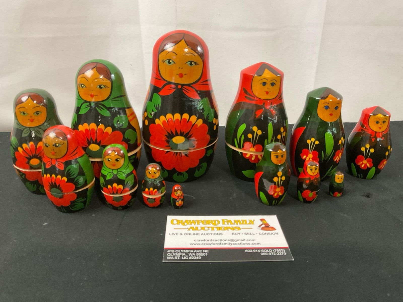 Pair of Vintage Russian USSR Matryoshka Nesting Dolls, 7 & 6 piece sets, Red & Green: Appears to be in good shape. The pieces have some yellowing from the lacquer aging. The taller piece measures approx 5.25 inches. See pics. E-2693