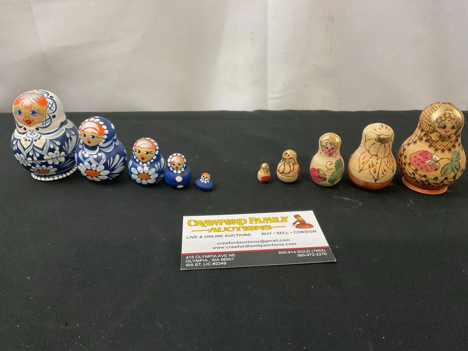 Pair of Small Matryoshka Nesting Dolls, Sets of 5, Blue/White & Natural Wood: Appears to be in good shape. The pair measure approx 2.75 inches tall. See pics. E-2693