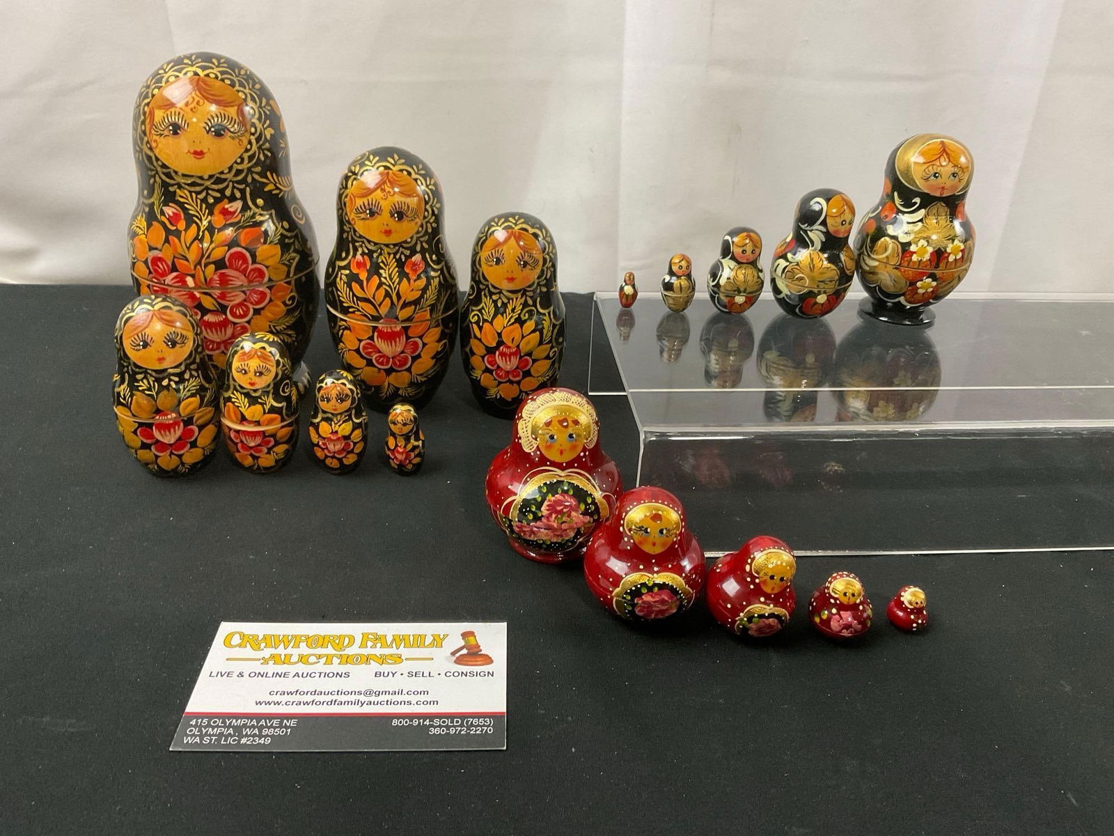 Trio of Vintage Russian/USSR Matryoshka Nesting Dolls, 7 piece Yellow/Black & 2x 5 piece sets: Appears to be in good shape. The largest piece measures about 6 inches tall. See pics. E-2693
