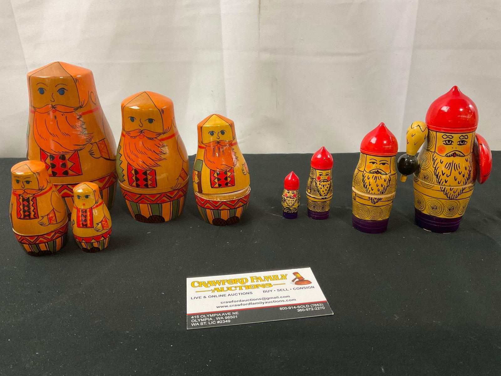 Pair of Vintage Matryoshka Nesting Dolls, Bearded Mens, 9 pieces: Appears to be in good shape. The larger piece measures about 5.5 inches tall. See pics. E-2693