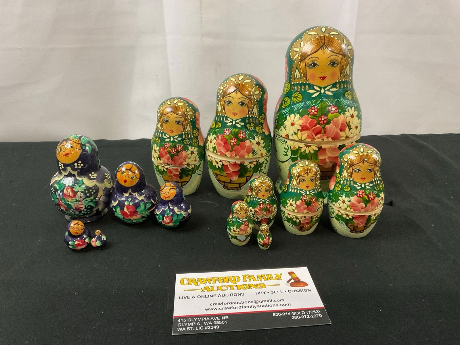 Pair of Vintage Russian/USSR Matryoshka Nesting Dolls, 5 pc Violet set, 8 piece green w/ flowers ...: Appears to be in good shape, some of the pieces are a very tight fit. The largest piece measures approx 6 inches. See pics. E-2693