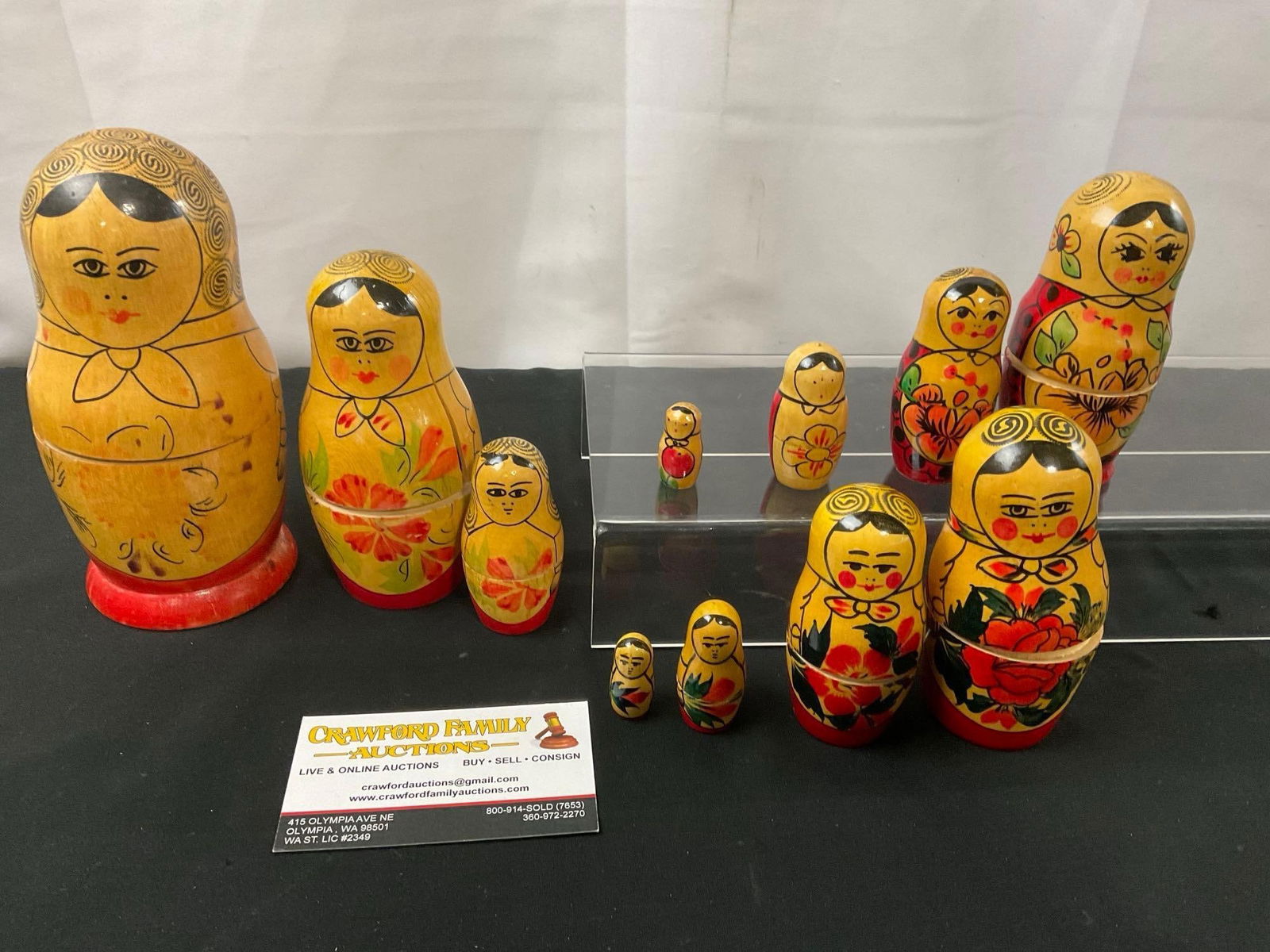 Trio of Yellow & Red Russian/USSR Matryoshka Nesting Dolls, Sets of 3, and 2x 4 (1 of 4)