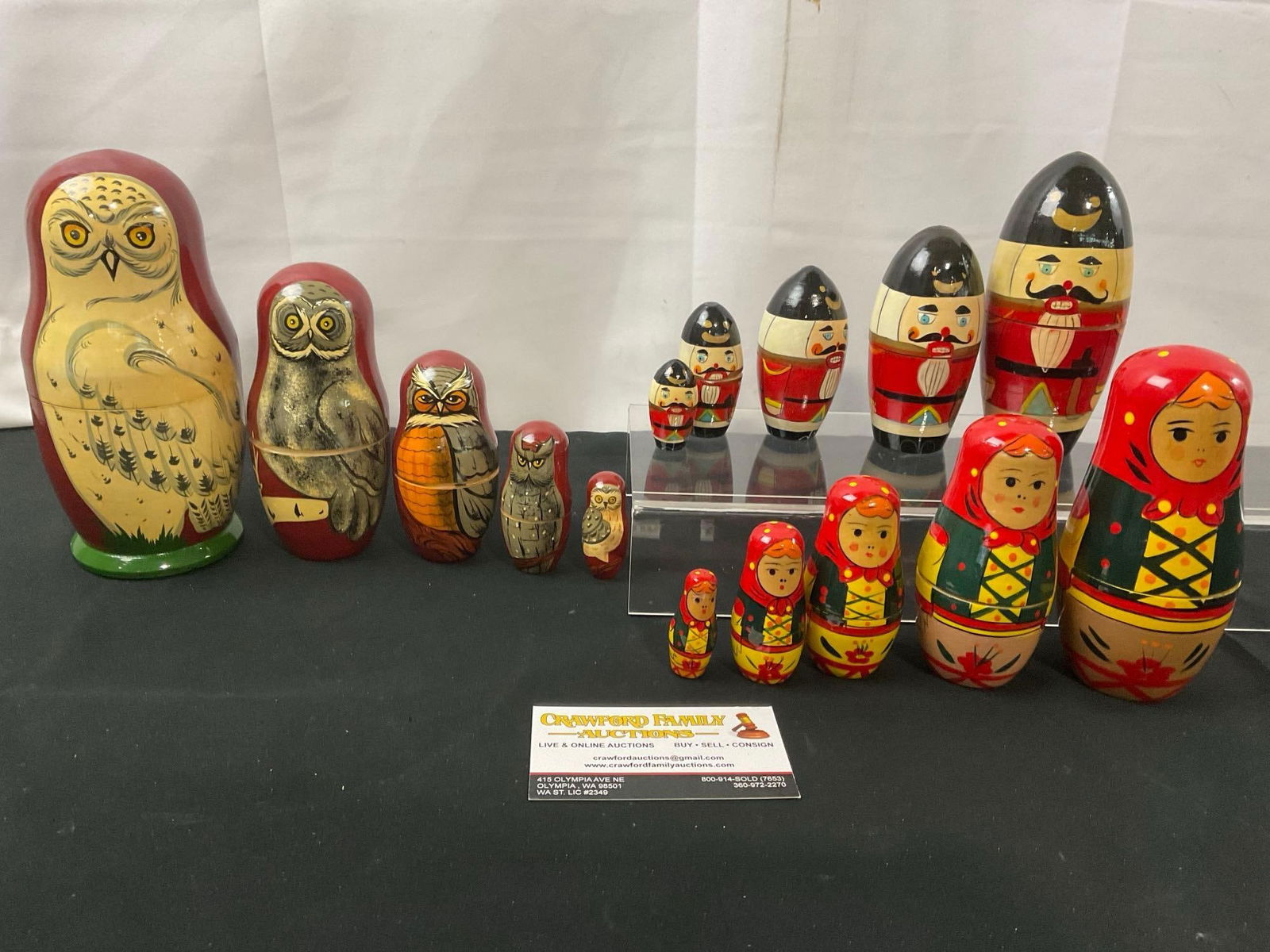 Trio of Russian/USSR Matryoshka Nesting Dolls, Sets of 5, Nutcrackers, Owls & Babushkas: Appears to be in good shape. The largest piece measures approx 6 inches. See pics. E-2693