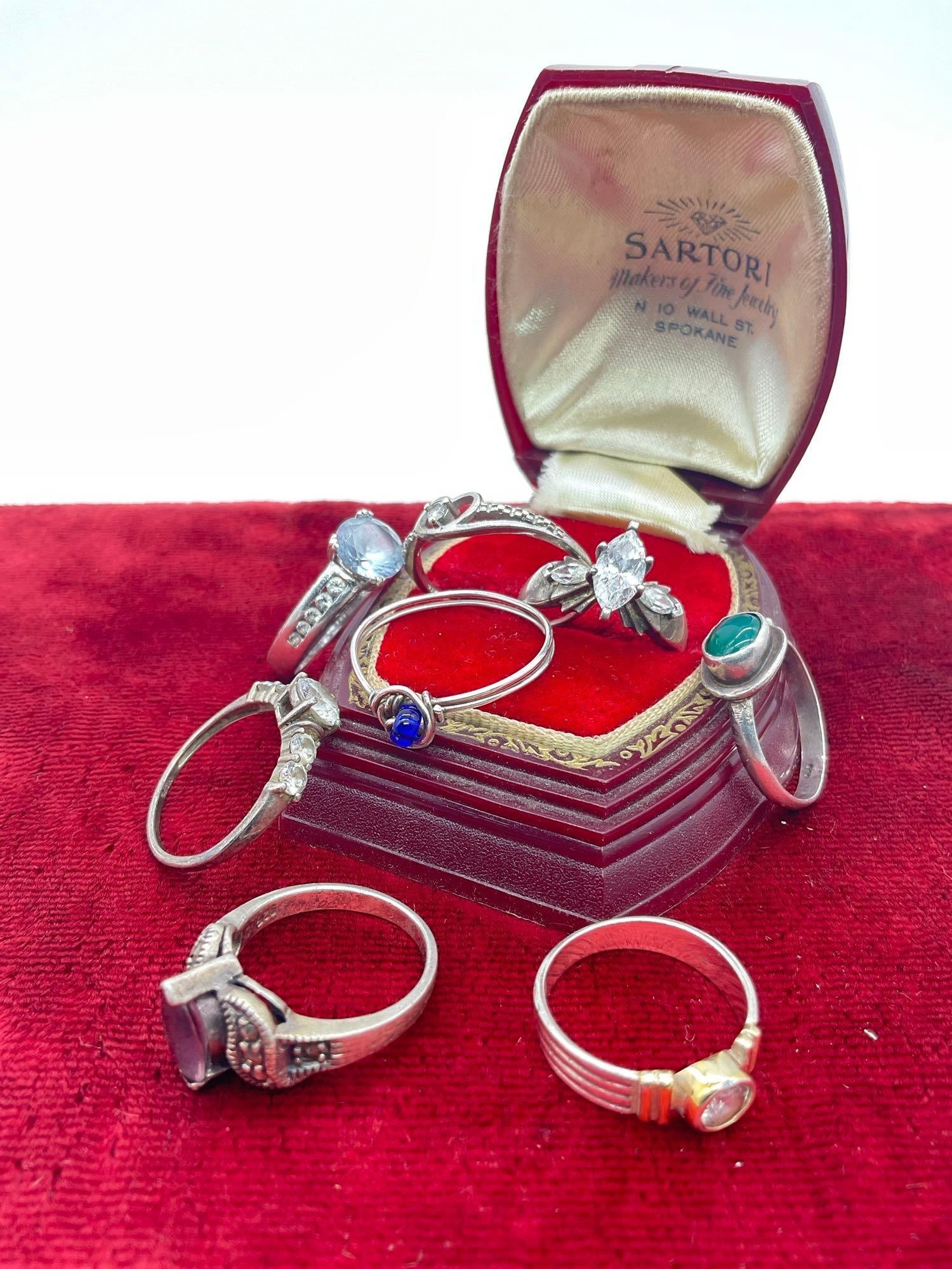 Selection of 8 sterling silver rings with cz and semi-precious stone settings - sz. 6-10 (1 of 4)