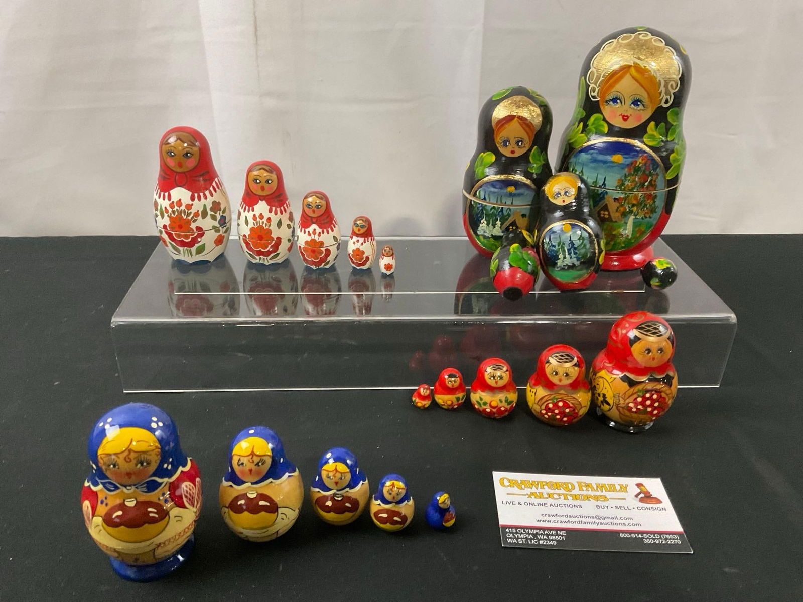 4x Russian/USSR Matryoshka Nesting Dolls, Sets of 5, blue/yellow, red/white, red/yellow & Mural: Appears to be in good shape. The largest piece measures approx 6 inches. See pics. E-2693