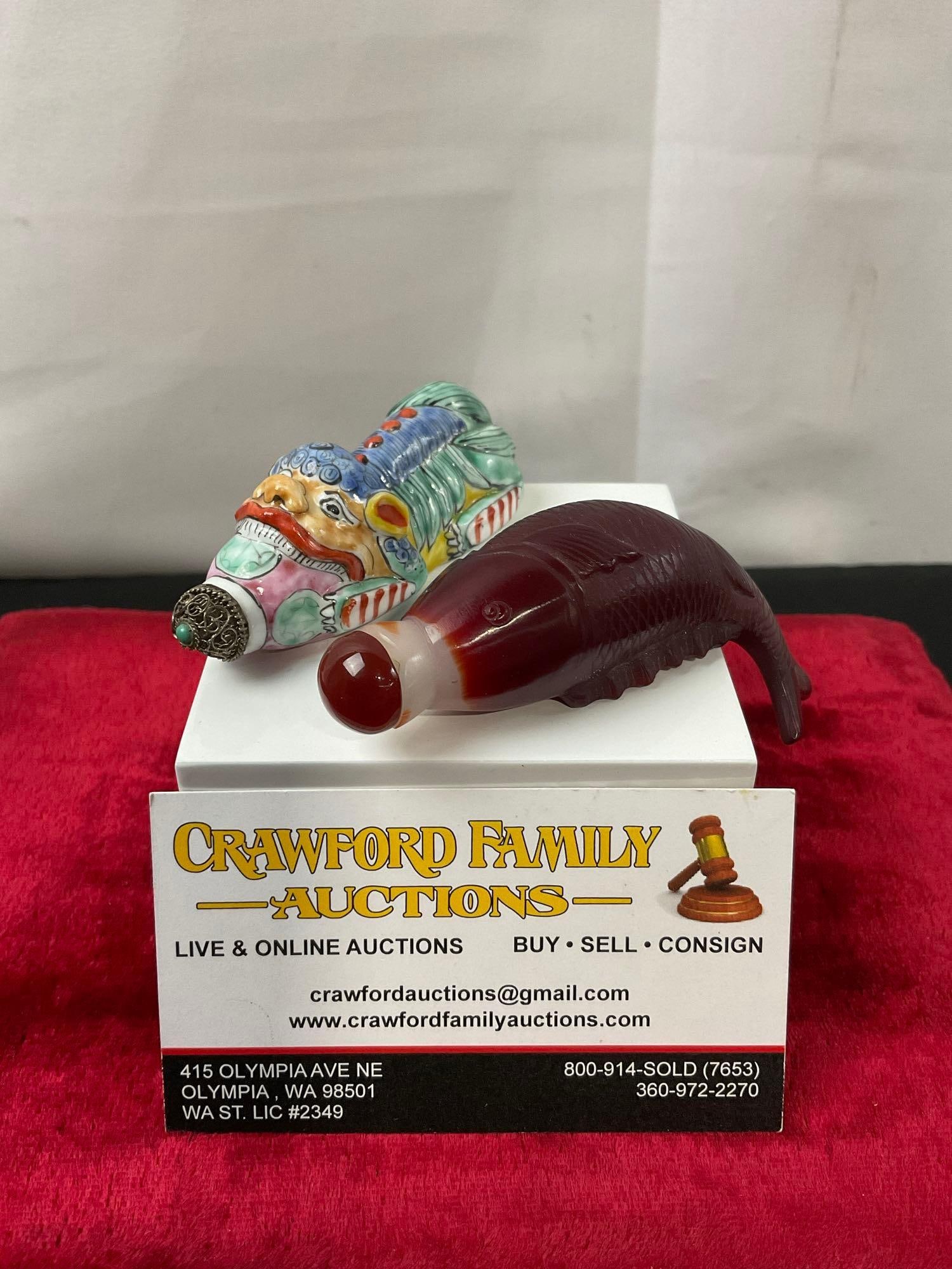 Pair of Vintage Chinese Snuff Bottles, Porcelain glazed and Engraved Peking Glass Koi Fish (1 of 4)