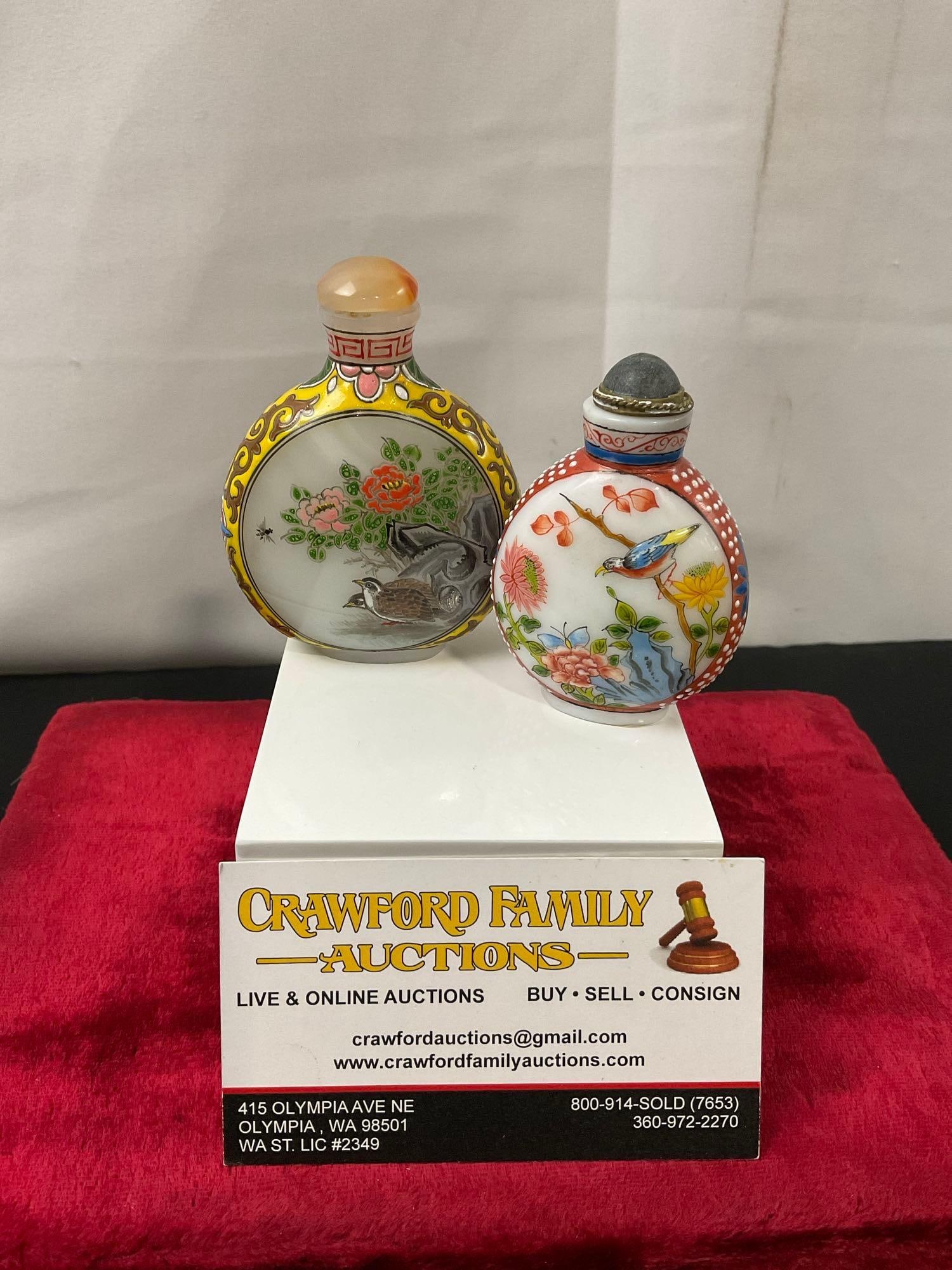 Pair of Vintage Chinese Polychrome Milk Glass Snuff Bottles, Yellow & Red Rimmed: Appears to be in good shape. The largest piece measures approx 3 inches. See pics. E-2693