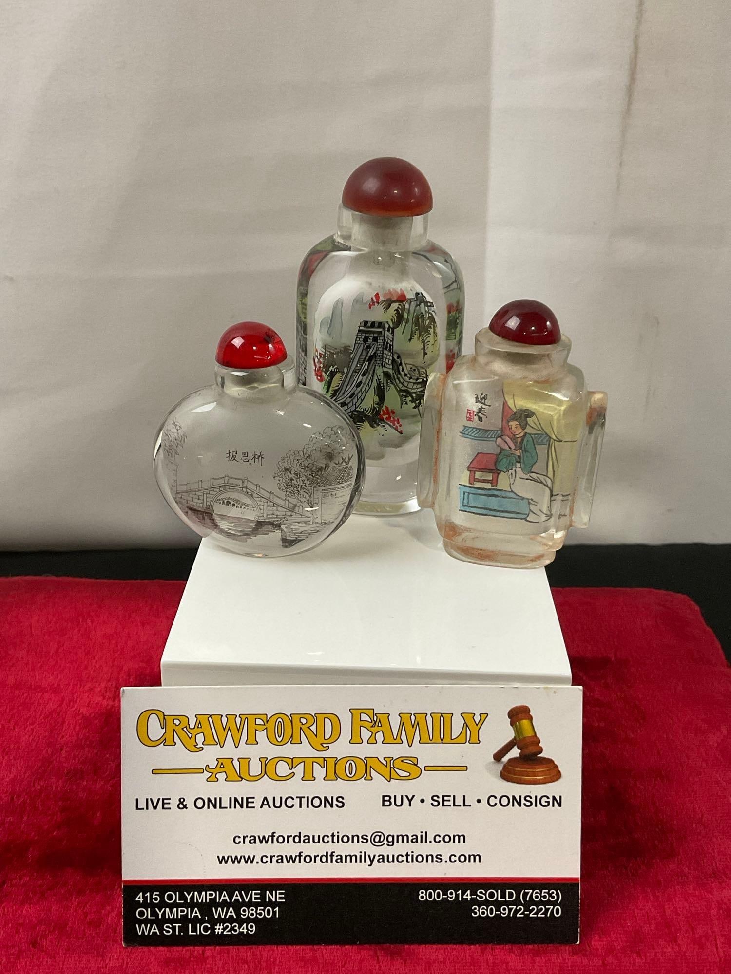 Trio of Chinese Reverse Painted Snuff bottles, Bridge, Great Wall, & Noblewoman scenes (1 of 4)