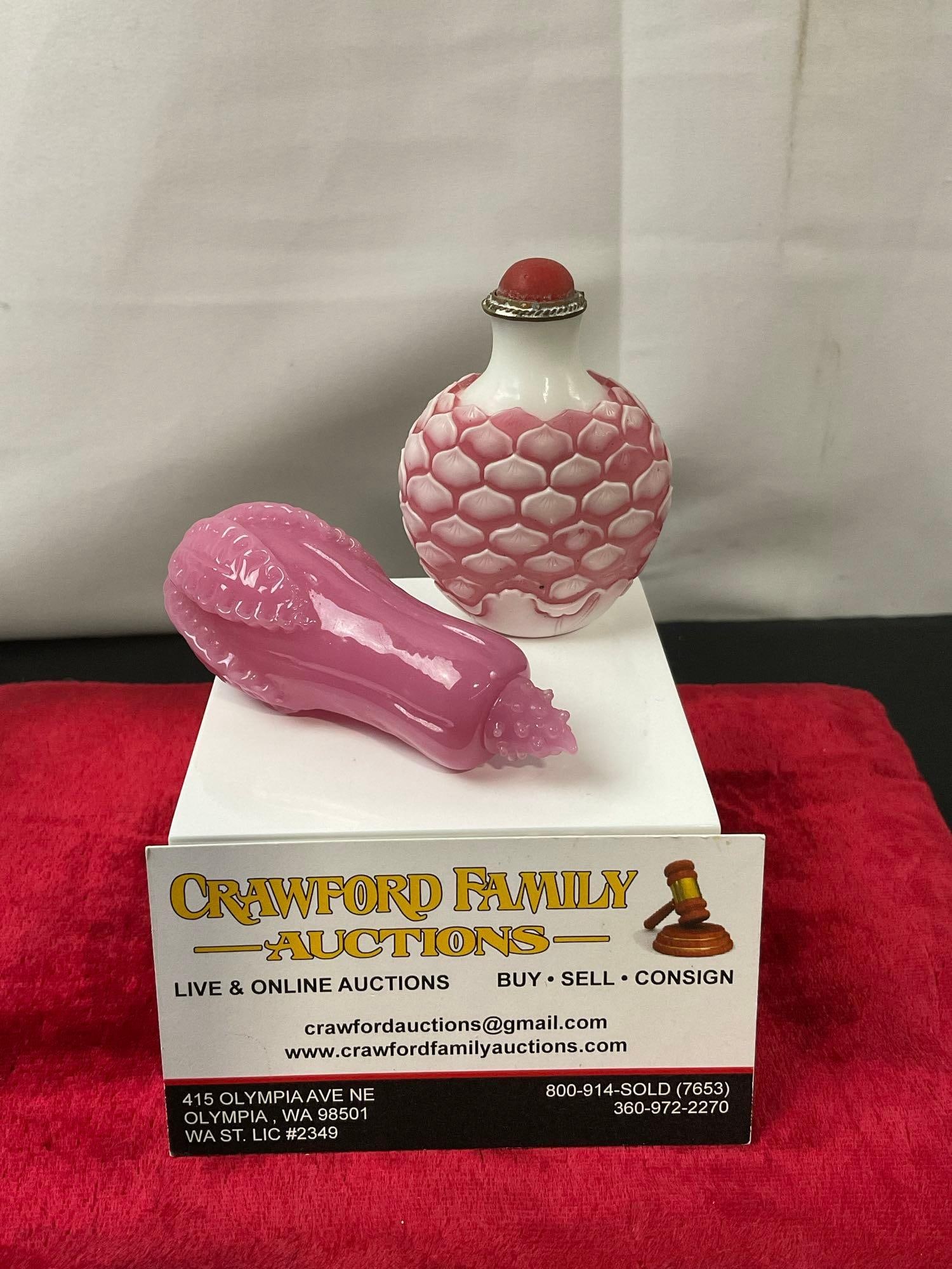 Pair of Chinese Snuff Bottles, Pink Eggplant shaped piece & Pink Lotus: Appears to be in good shape. The largest piece measures approx 3.5 inches. See pics. E-2693