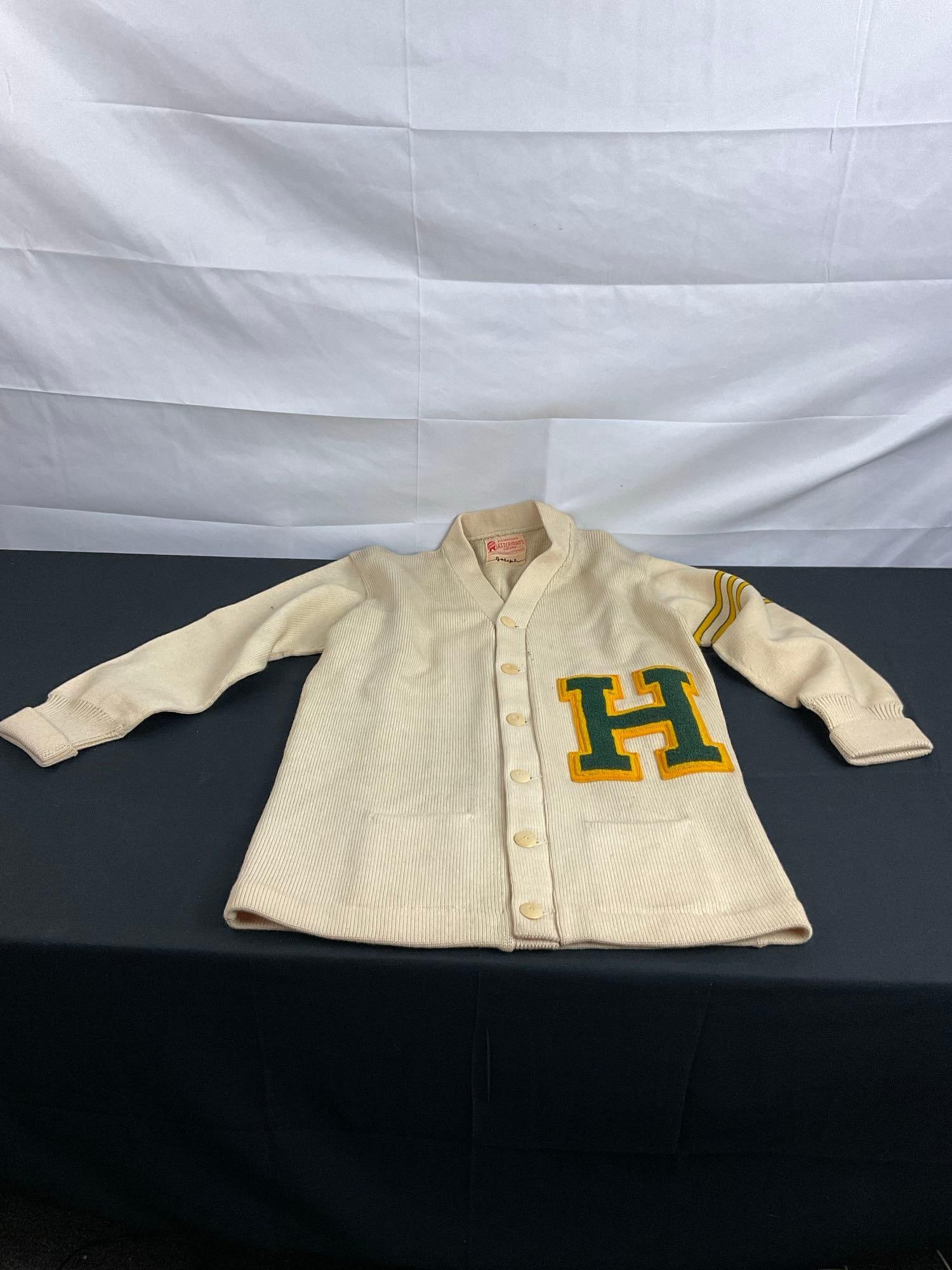Vintage Lettermen's Jacket sz Lg w/ Gold & Green Accents - See pics: Large H on front with stripes on left arm. Good condition. Minimal wear. T-2698