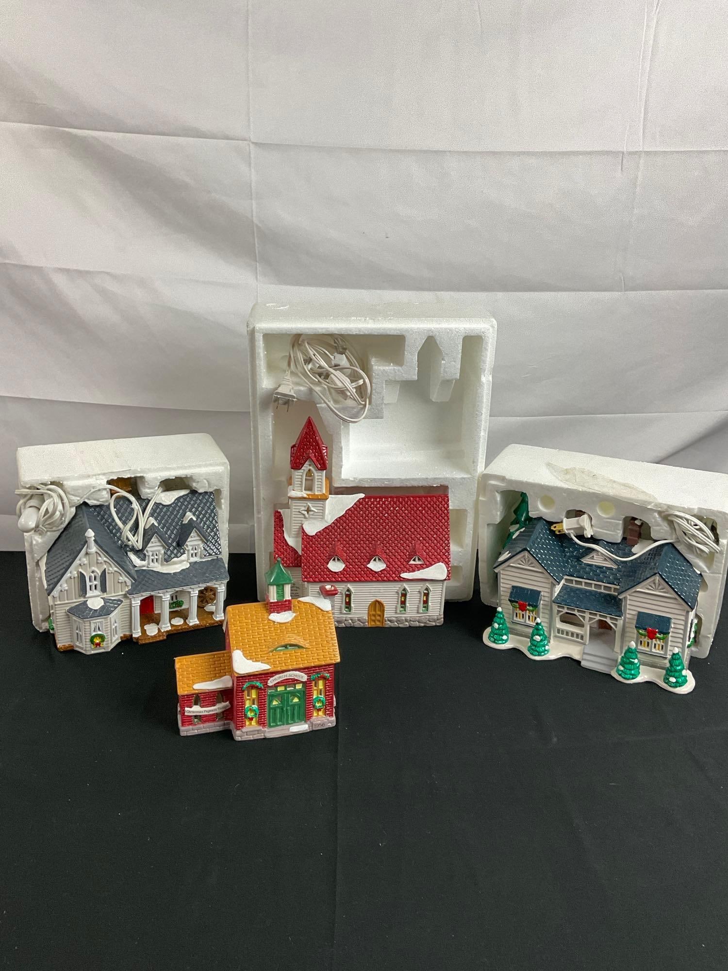 3x Department 56 Snow Village Christmas Scenes incl.Grandmas Cottage, Gothic Farmhouse,: & Good Sheppard Chapel & Church School. All in good condition in original boxes. See pics. T-2698