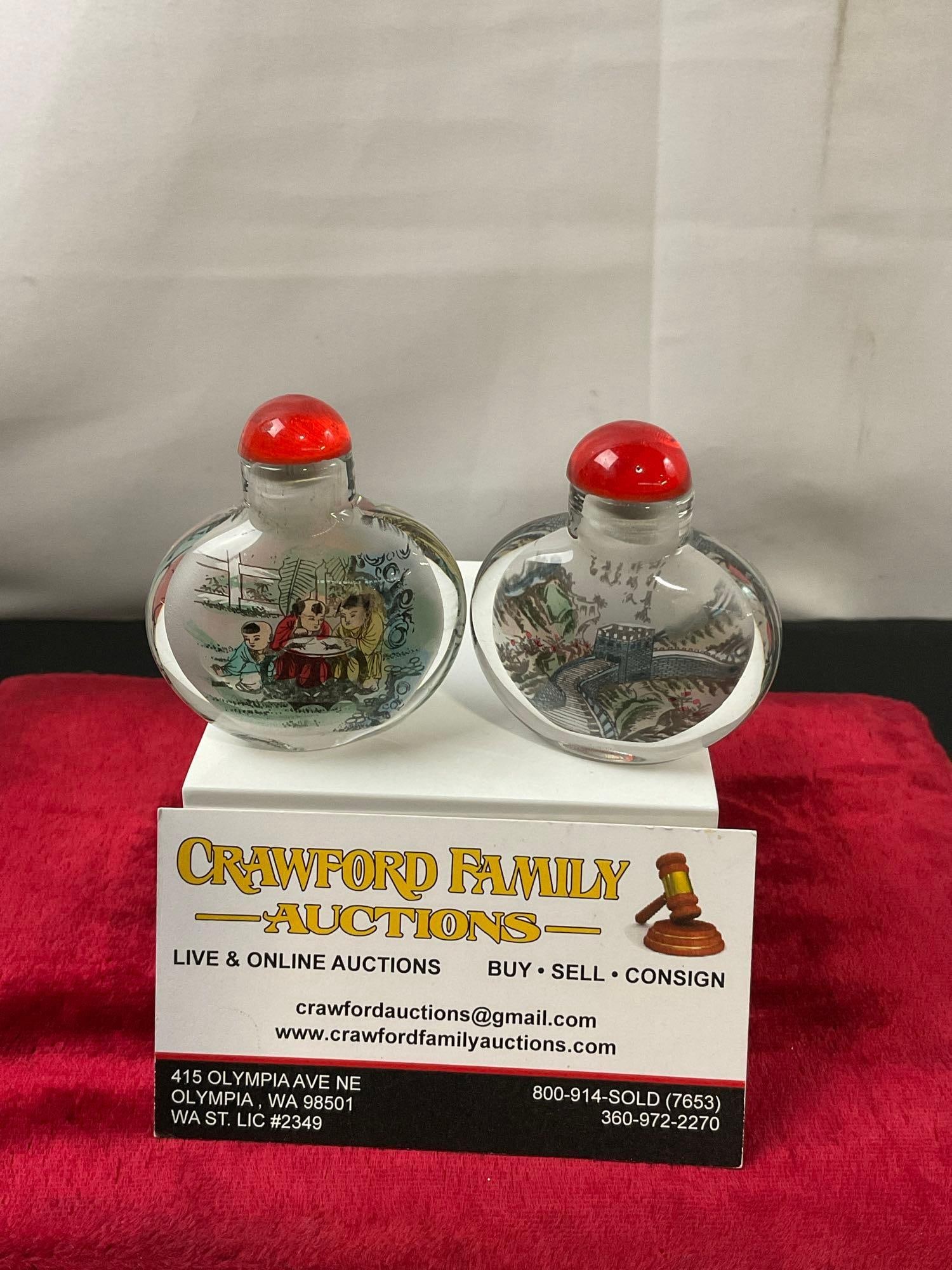 Pair of Vintage Chinese Snuff Bottles, Reverse Painted w/ Trio of Kids, and Great Wall Scenes (1 of 4)