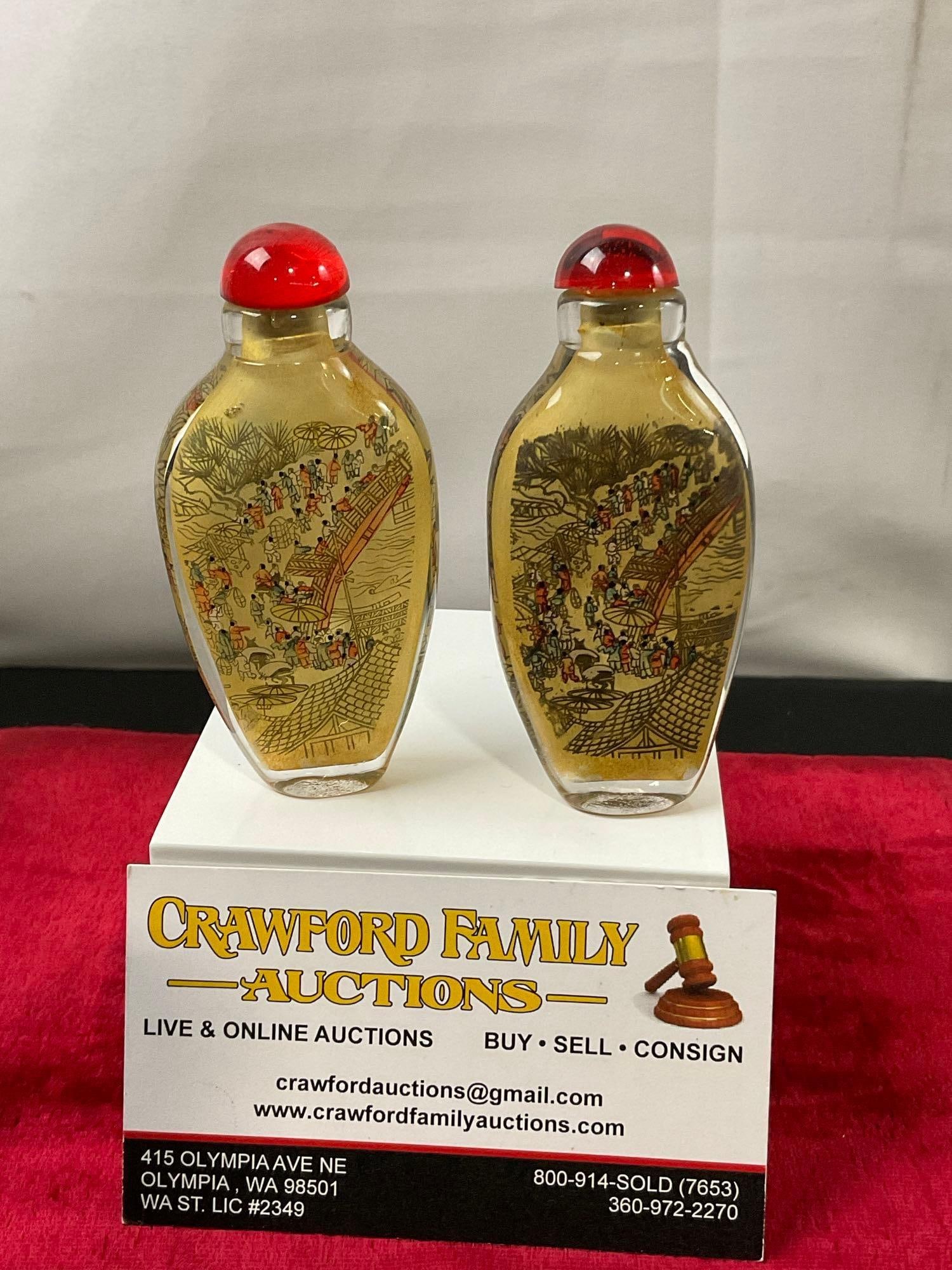 Pair of Vintage Chinese Reverse Painted Snuff Bottles w/Yellow tint, River Scene (1 of 3)