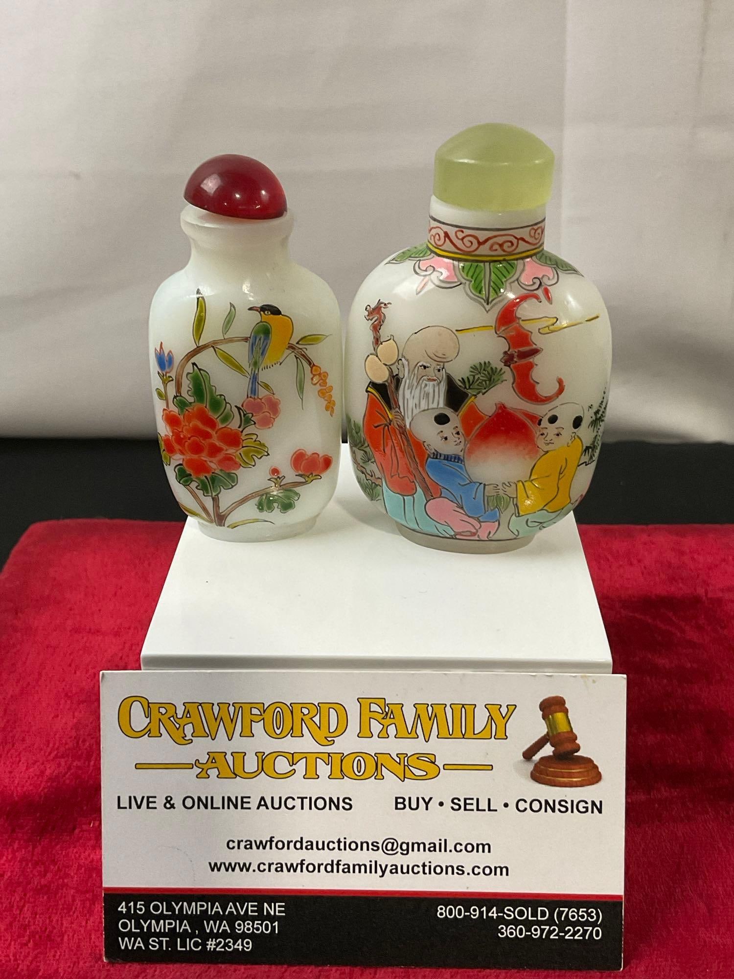 Pair of Vintage Chinese Snuff Bottles, milk glass w/ handpainted details (1 of 4)