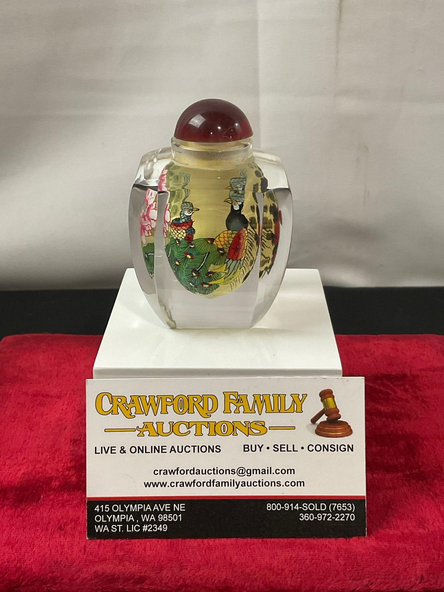 Beautiful Vintage Chinese Crystal Snuff Bottle, reverse painted peacocks (1 of 5)