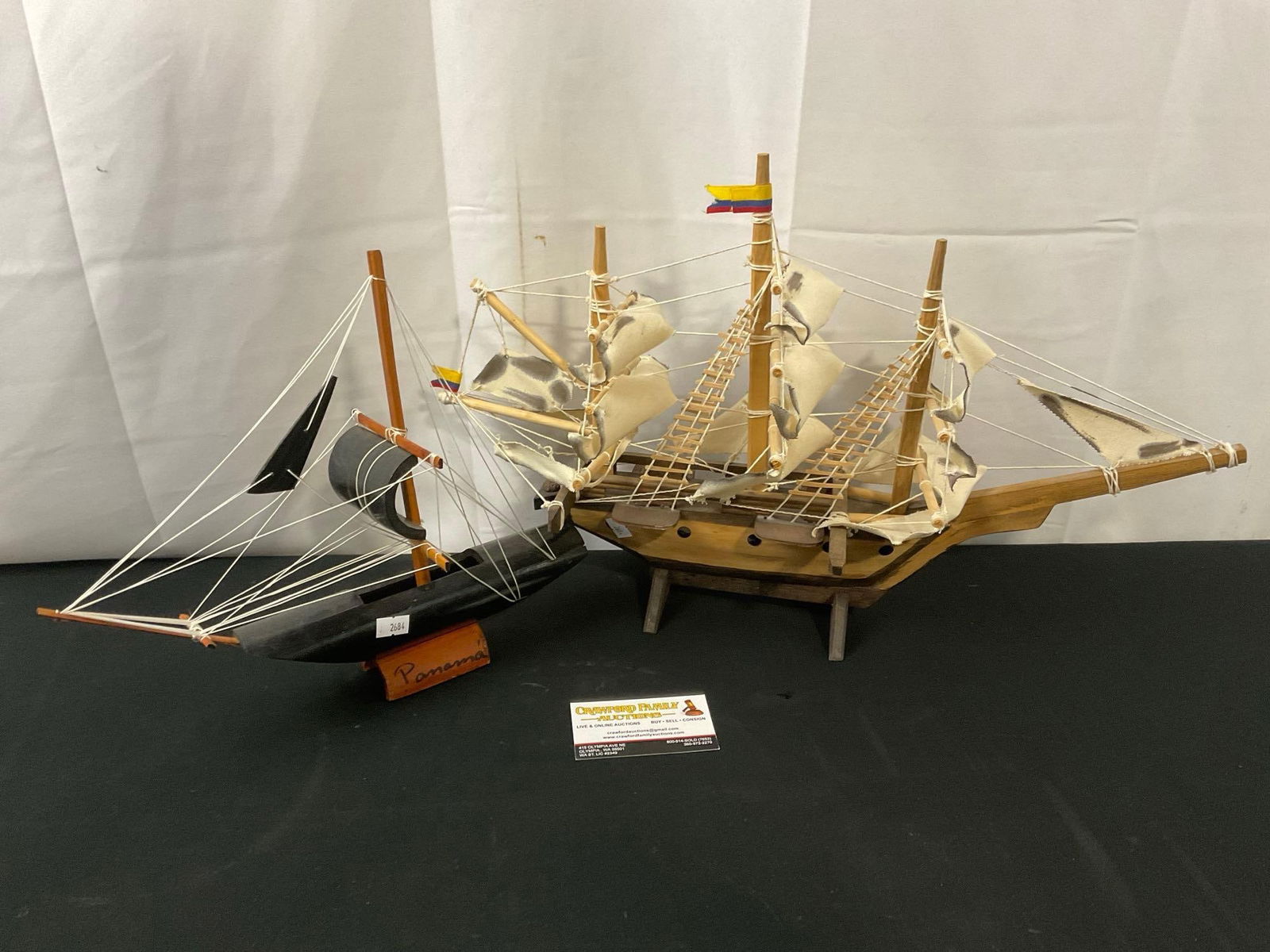 Pair of Wooden Ship Models, Colombian Flag & Panama made of Bamboo: Appears to be in good shape. The taller piece measures about 13h x 19w inches. See pics. E-2684