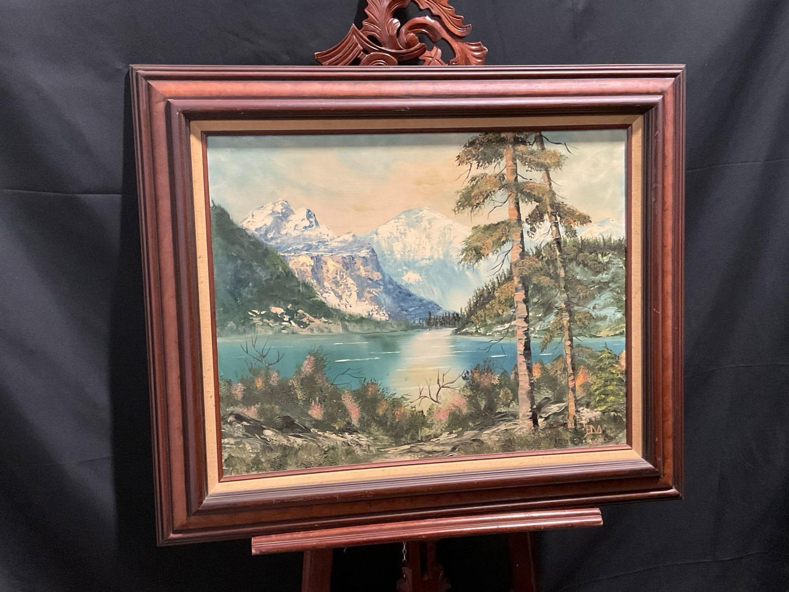 Framed Oil on Canvas Landscape, Northwest American type Scene, Mountains over Large Lake (1 of 8)
