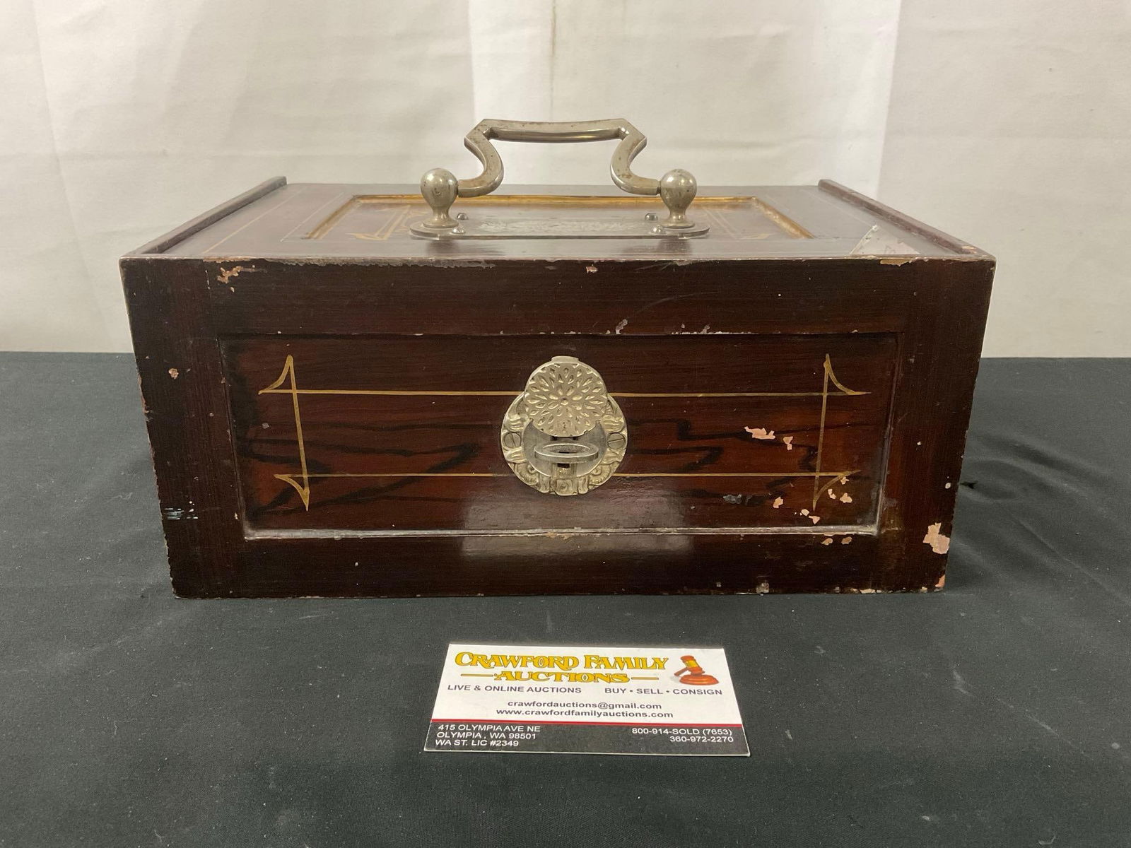 Antique Heavy Locking Money Box, Faux Wooden Steel w/ Key (1 of 8)