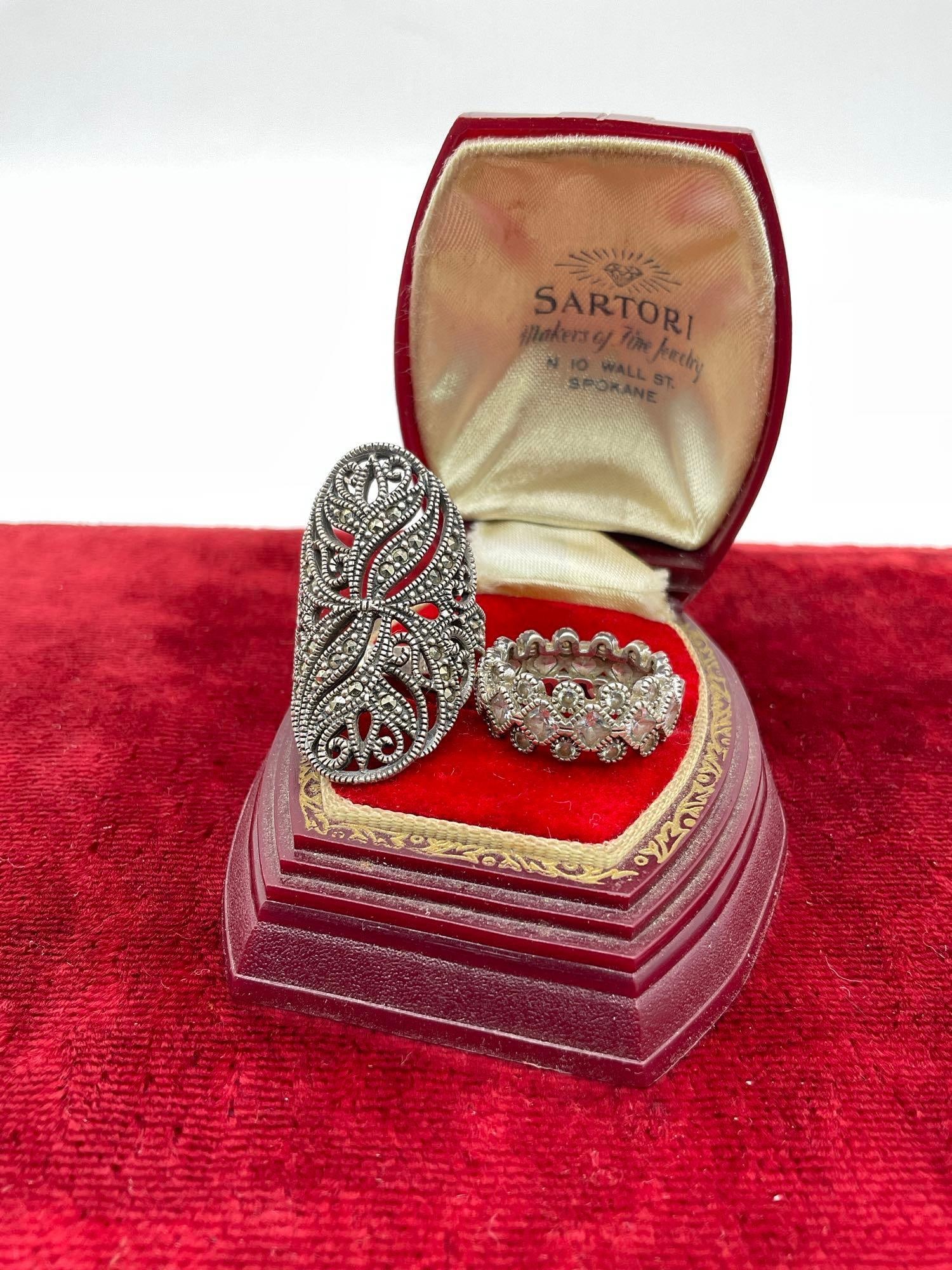 Pair of art deco style rings - sterling silver & marcasite shield ring & CZ & sterling ring (1 of 3)