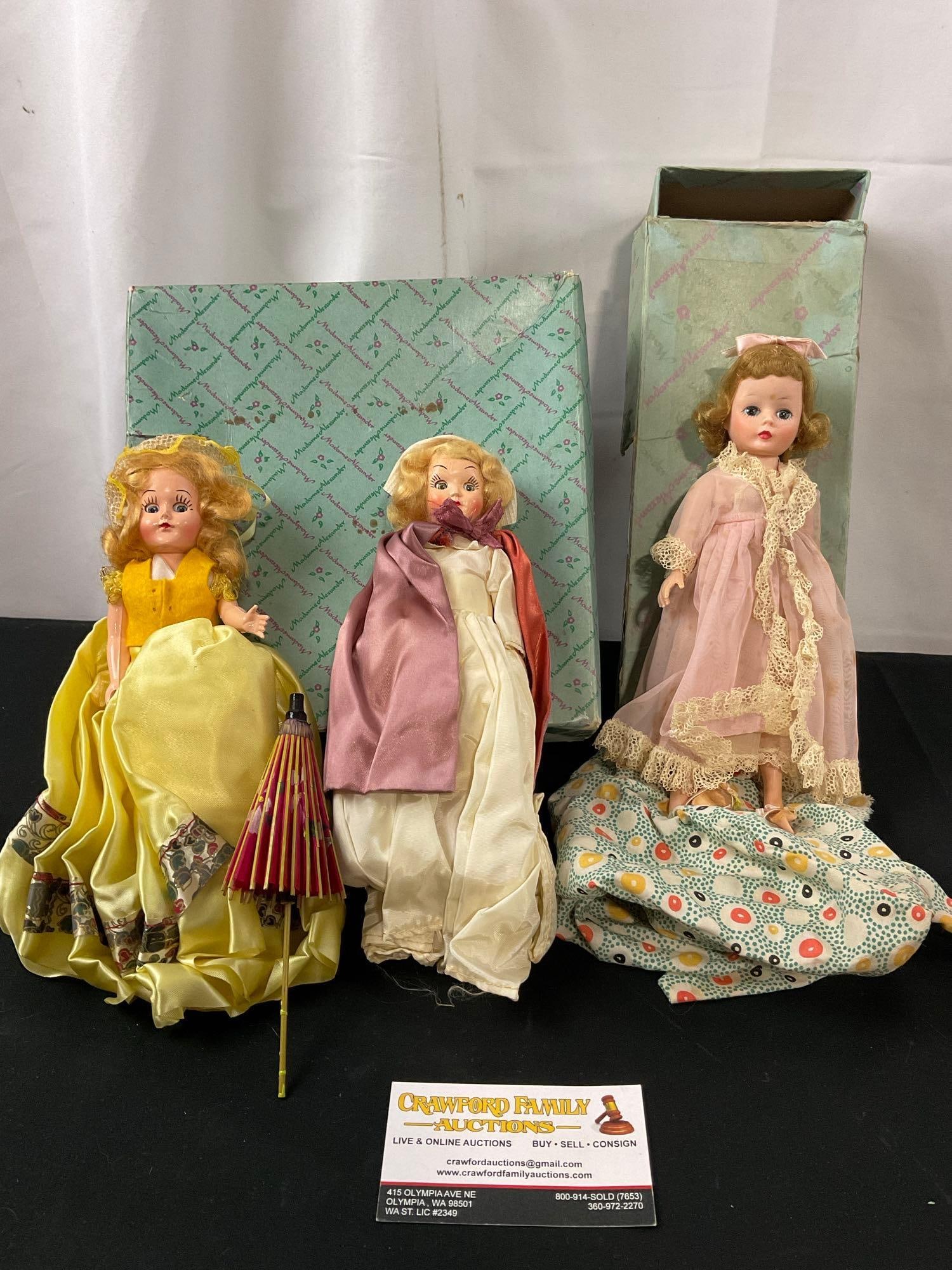Trio of 1950s-1960s Vintage Madame Alexander Dolls, two w/ boxes: Appears to be in good shape for the age of the pieces, extra pictures added later. The dolls measure about 8 inches tall. See pics. E-2685