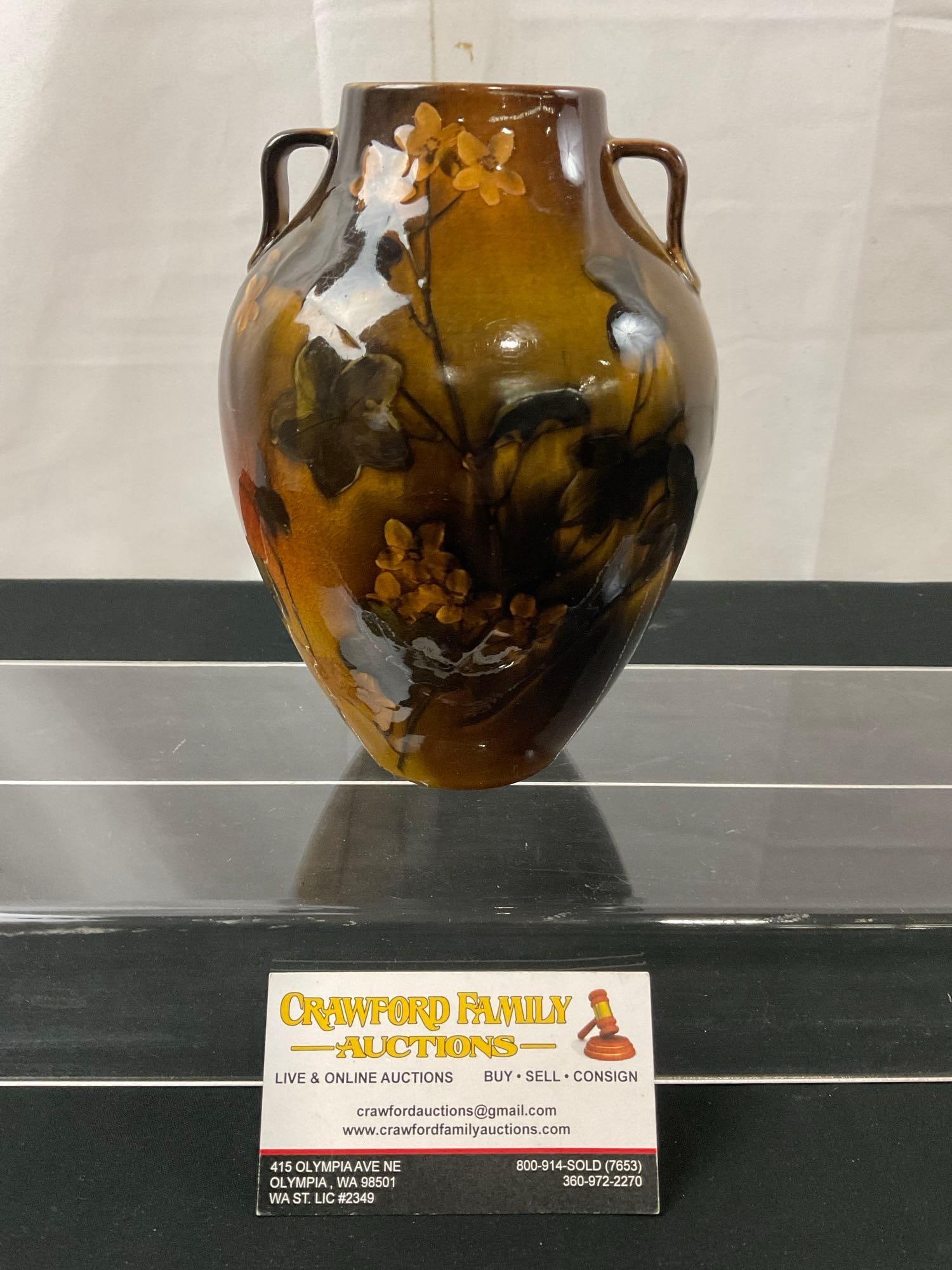 Early 20th Century Rookwood Double Handled Vase, Brown to Yellow Ombre Dogwood pattern (1 of 4)