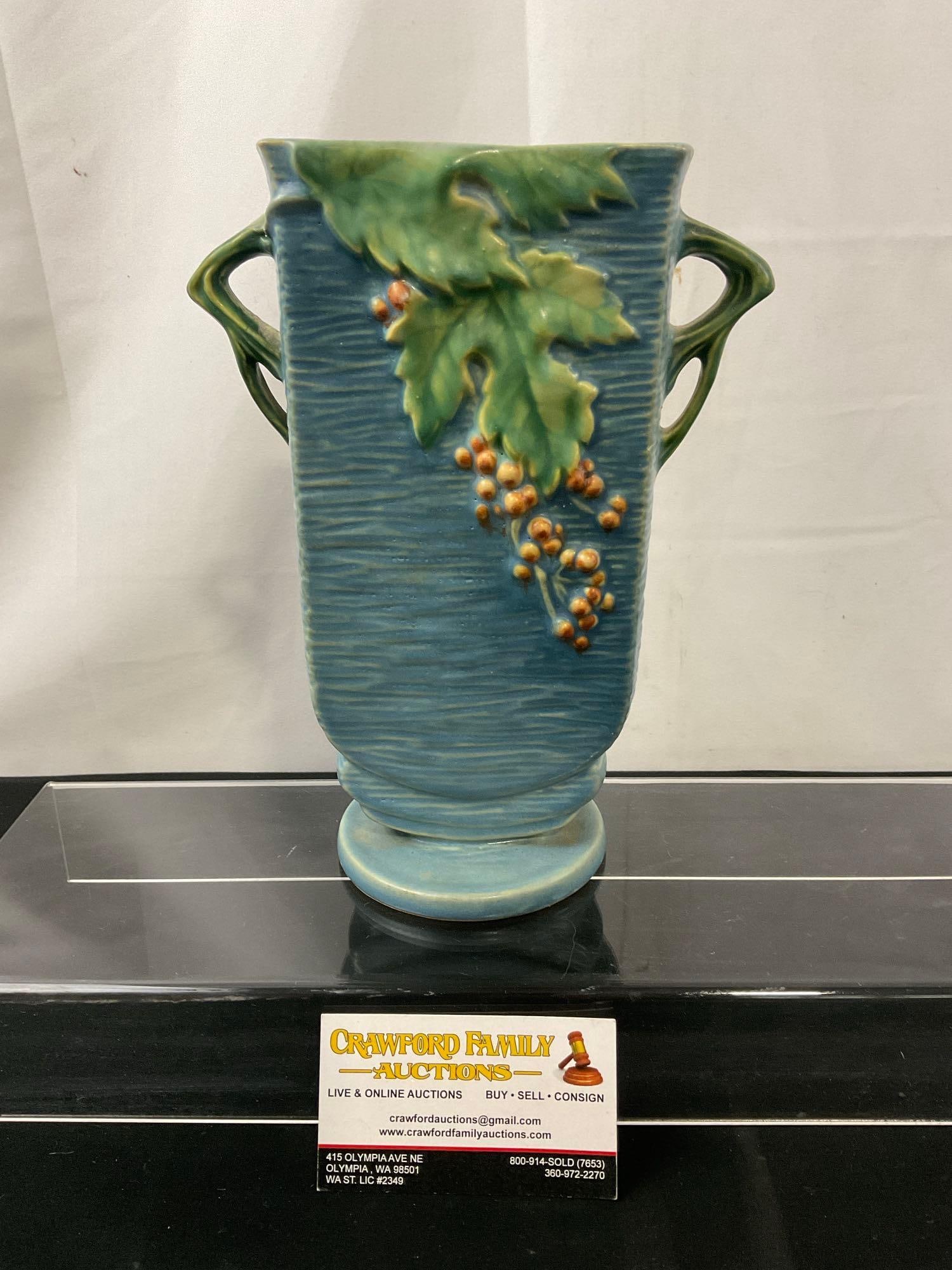 Vintage 1941 Roseville Pottery Bushberry over Bark Blue Double Handle Thin Vase Shape 36 - 9.25 i... (1 of 4)