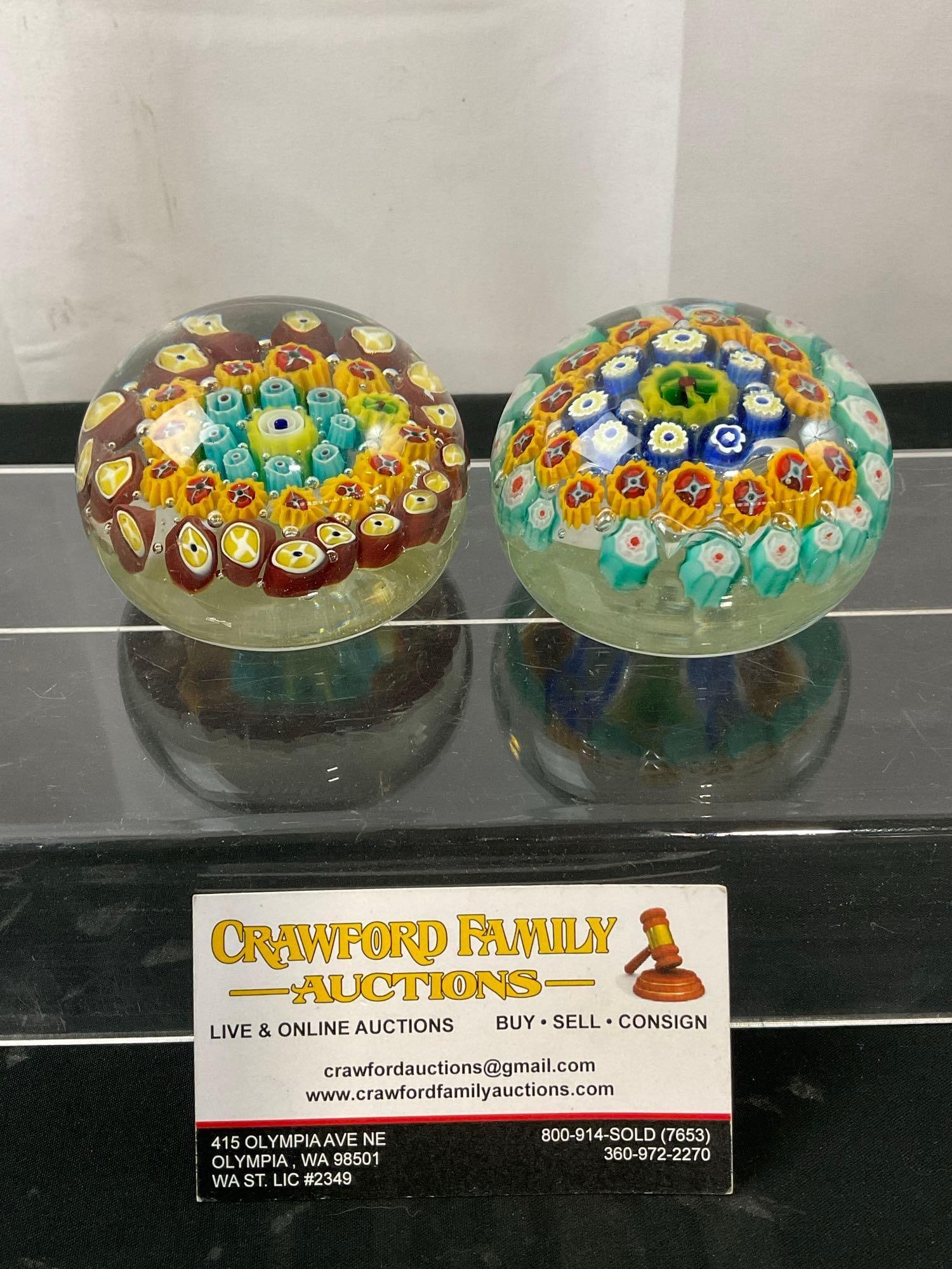 Pair of Acker And Jablow Concentric Millefiori Glass Paperweights, Murano Glass: Appears to be in good shape, some scratches on the bottom of the pieces. The pieces measure approx 2h x 3.5d inches, they are marked on the bottom 218 w. 40th St. Acker & Jablow. See pics. E-2701