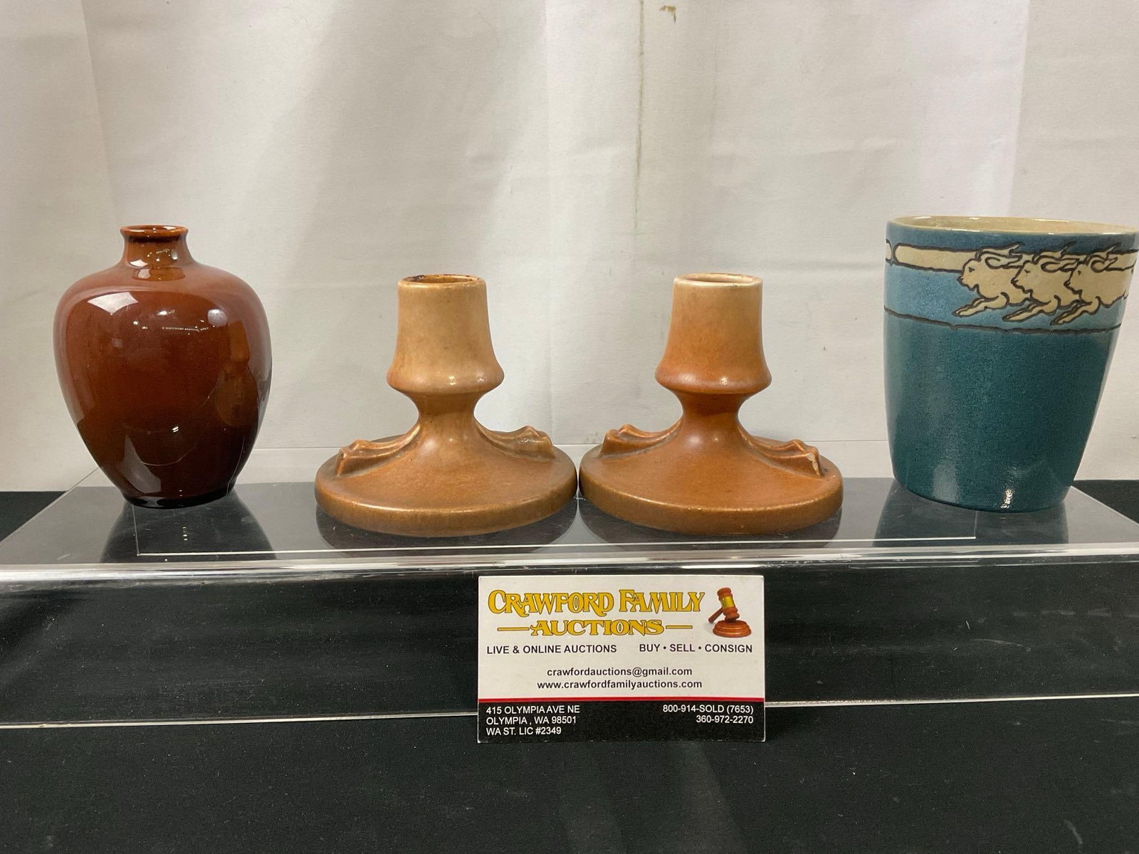 Pair of Roseville Candleholders #1144 - 3, Rookwood Small Vase & Saturday Evening Girls Vase (1 of 7)