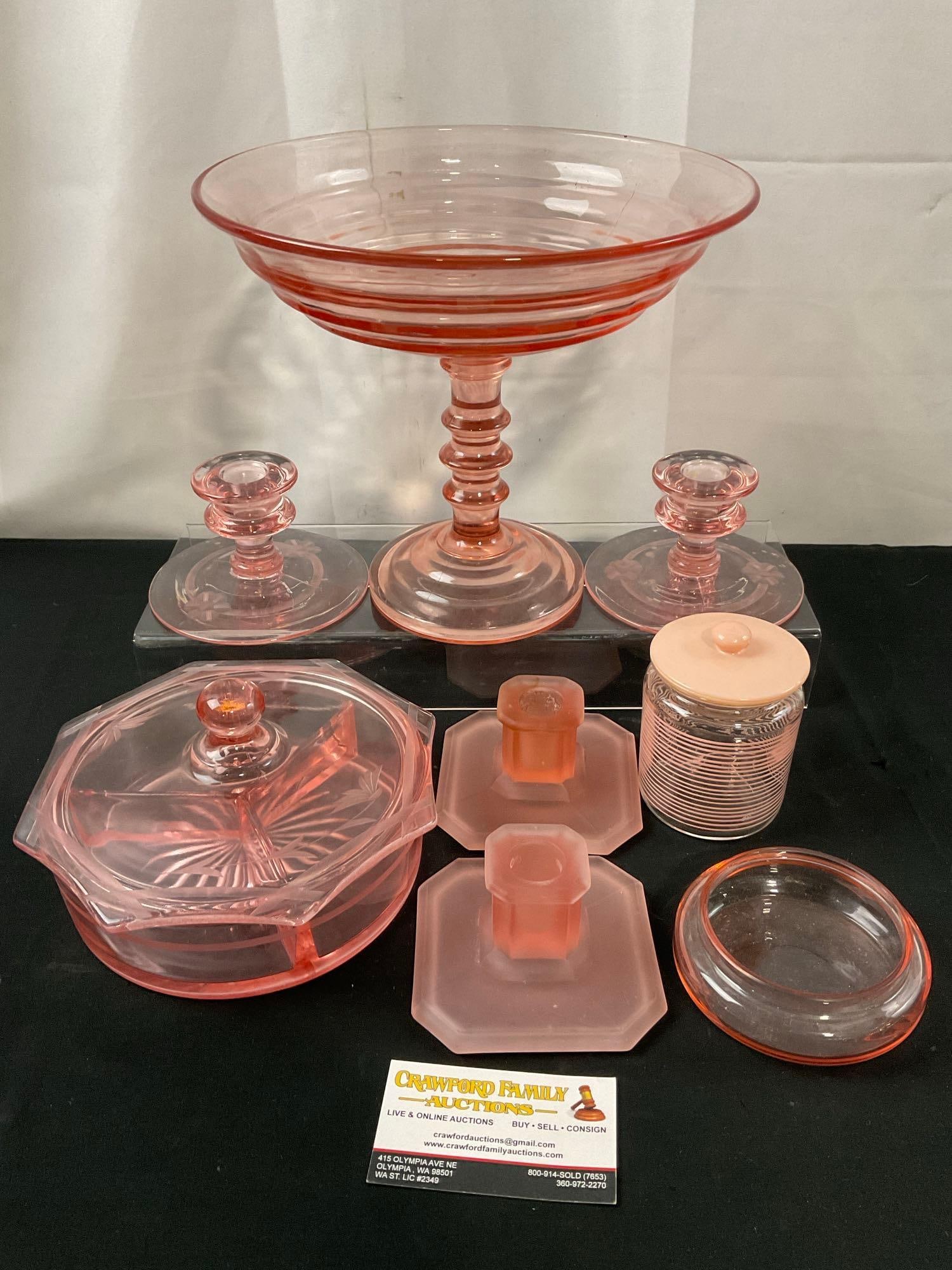8 Pink Depression Glass Pieces, Footed Compote, Lidded Divided Bowl, Candlestick Holders, Sugar W... (1 of 3)