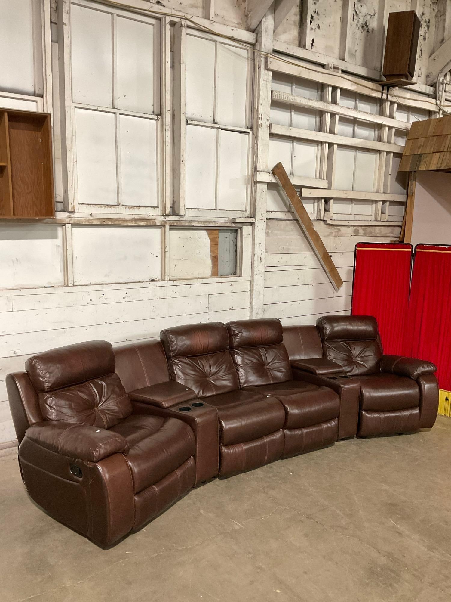 Modern Theater Style Brown Leather Recliner Sectional w/ 4 Seats & 2 Corner Wedges. See pics.: Modern Theater Style Brown Leather Recliner Sectional w/ 4 Seats & 2 Corner Wedges. Outer two seats and left middle seat are mechanical recliners, right middle seat does not recline, missing cable